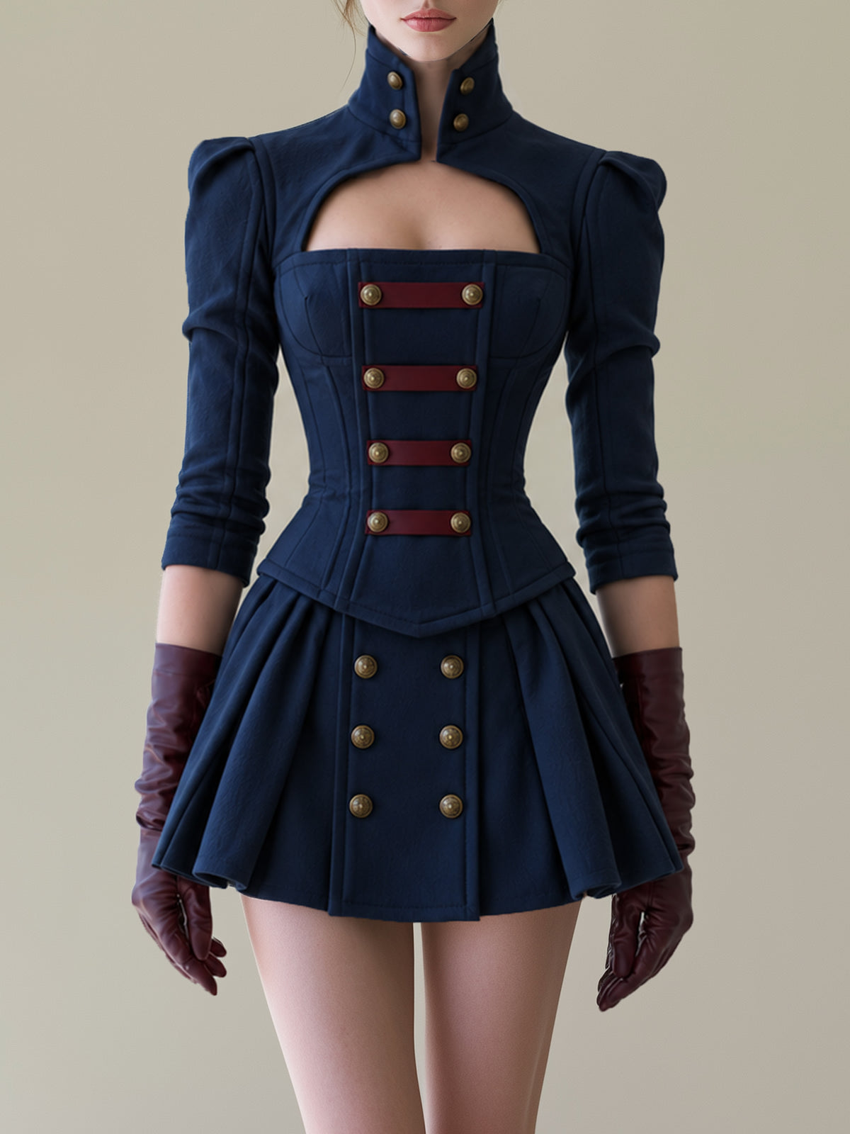 Navy Military Corset Mini Dress With Pleated Skirt And Gold Buttons