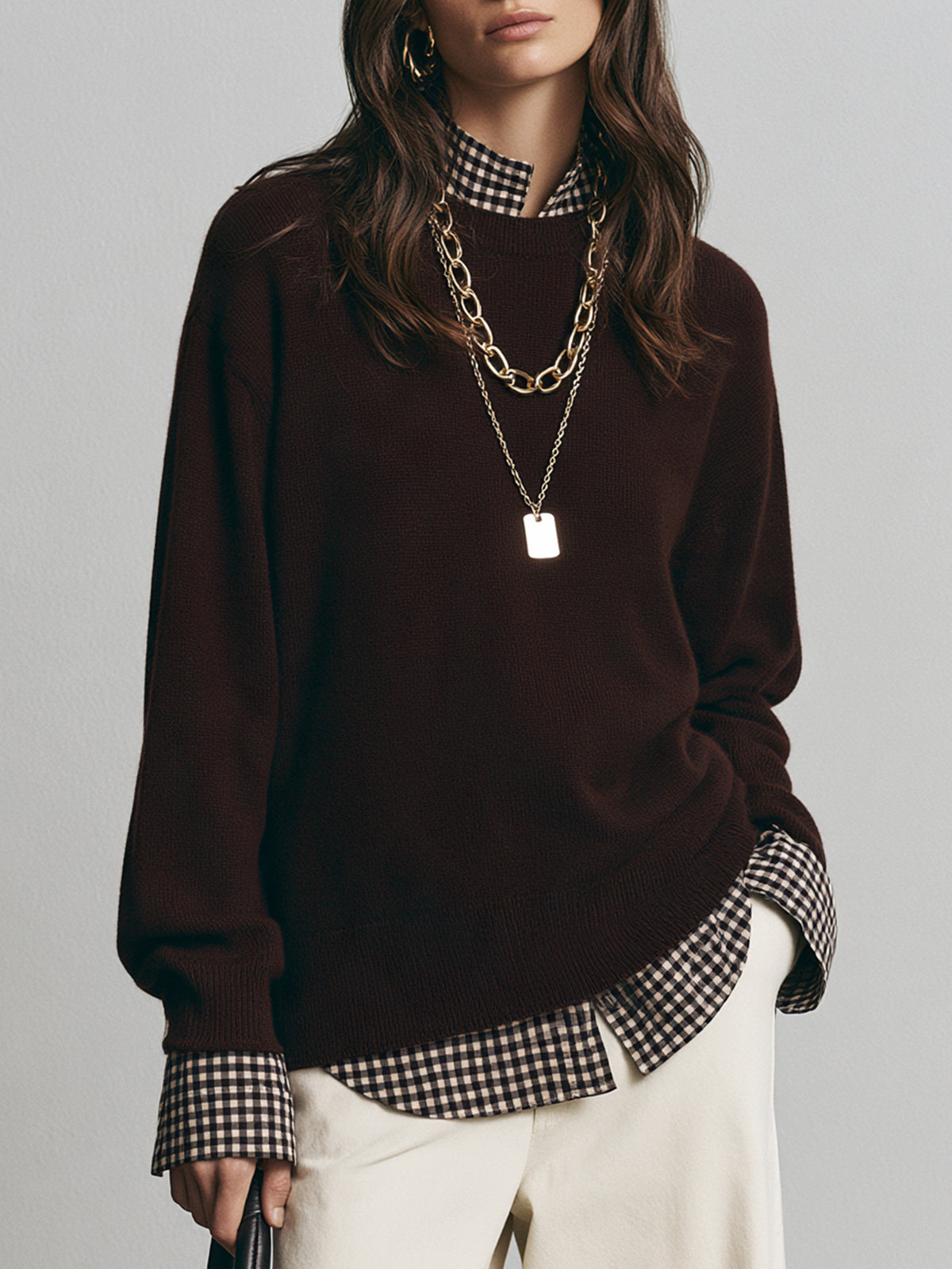 Faux Two-Piece Wool Blend Crew Neck Sweater Pullover