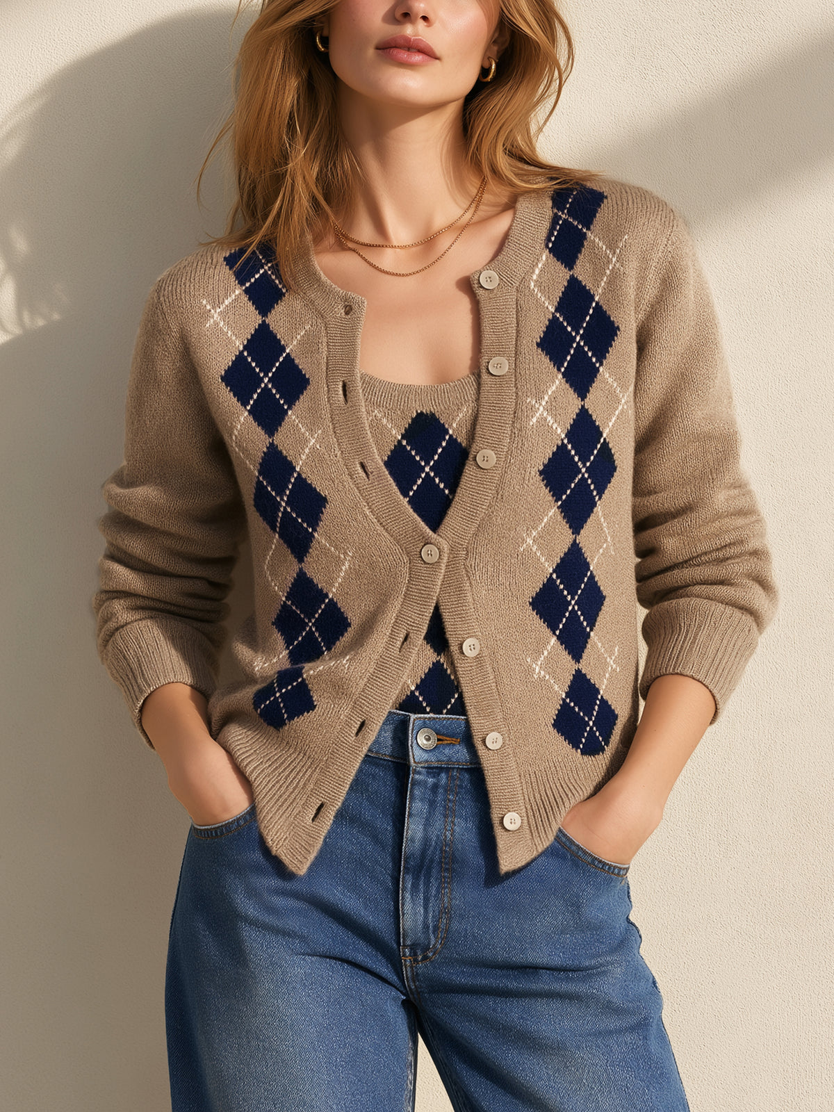 Oatmeal Knit Cardigan & Camisole Two-Piece Set