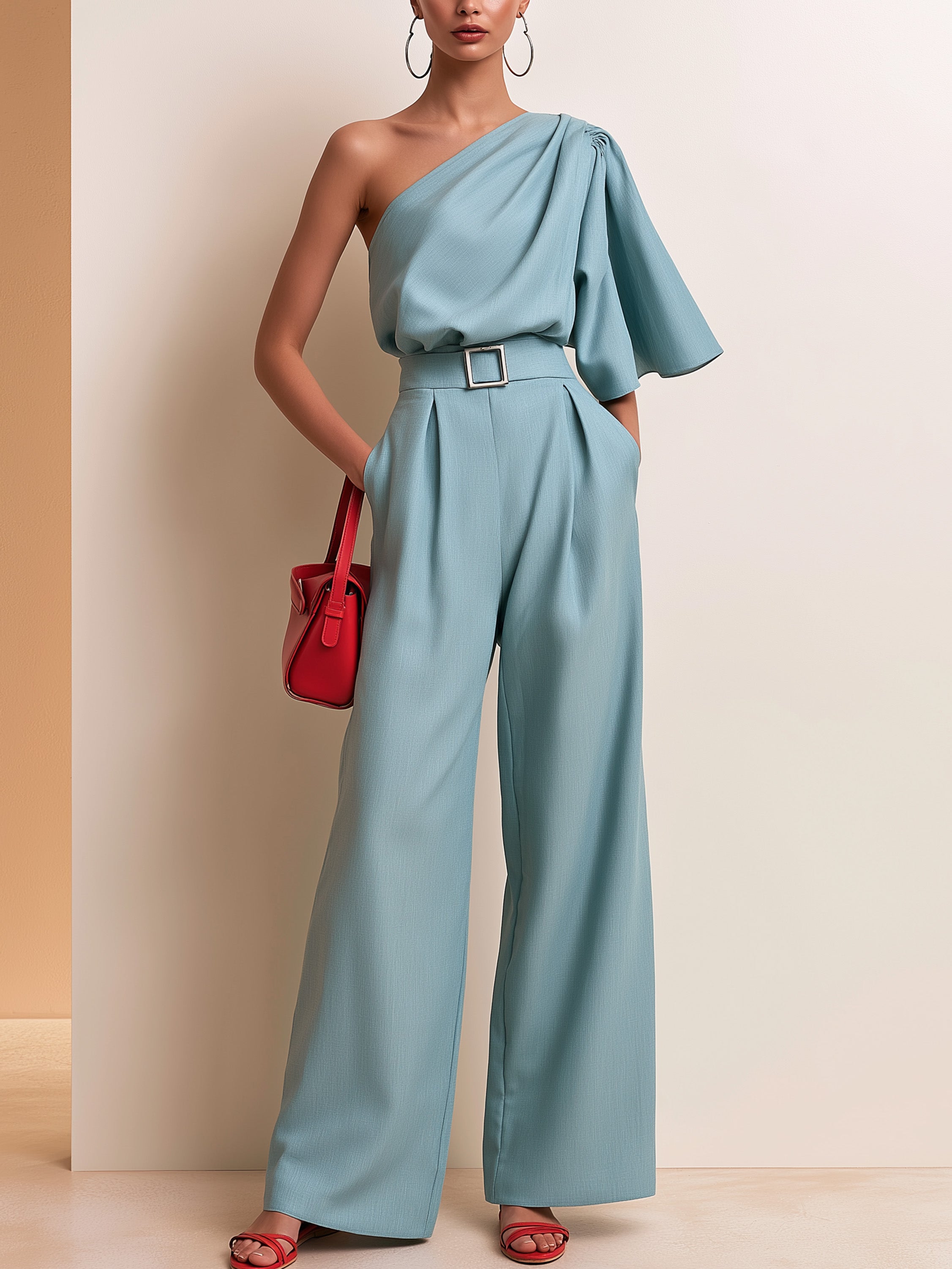 Elegant Water Blue One Shoulder Pleated High Rise Jumpsuit