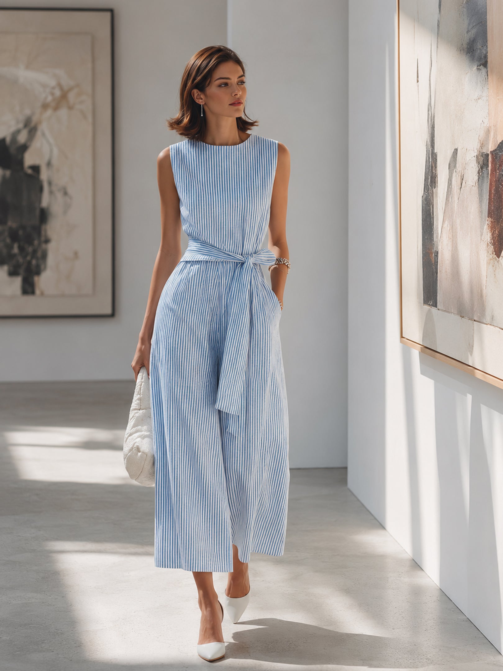 Premium Striped Straight-Cut Lace-Up Dress