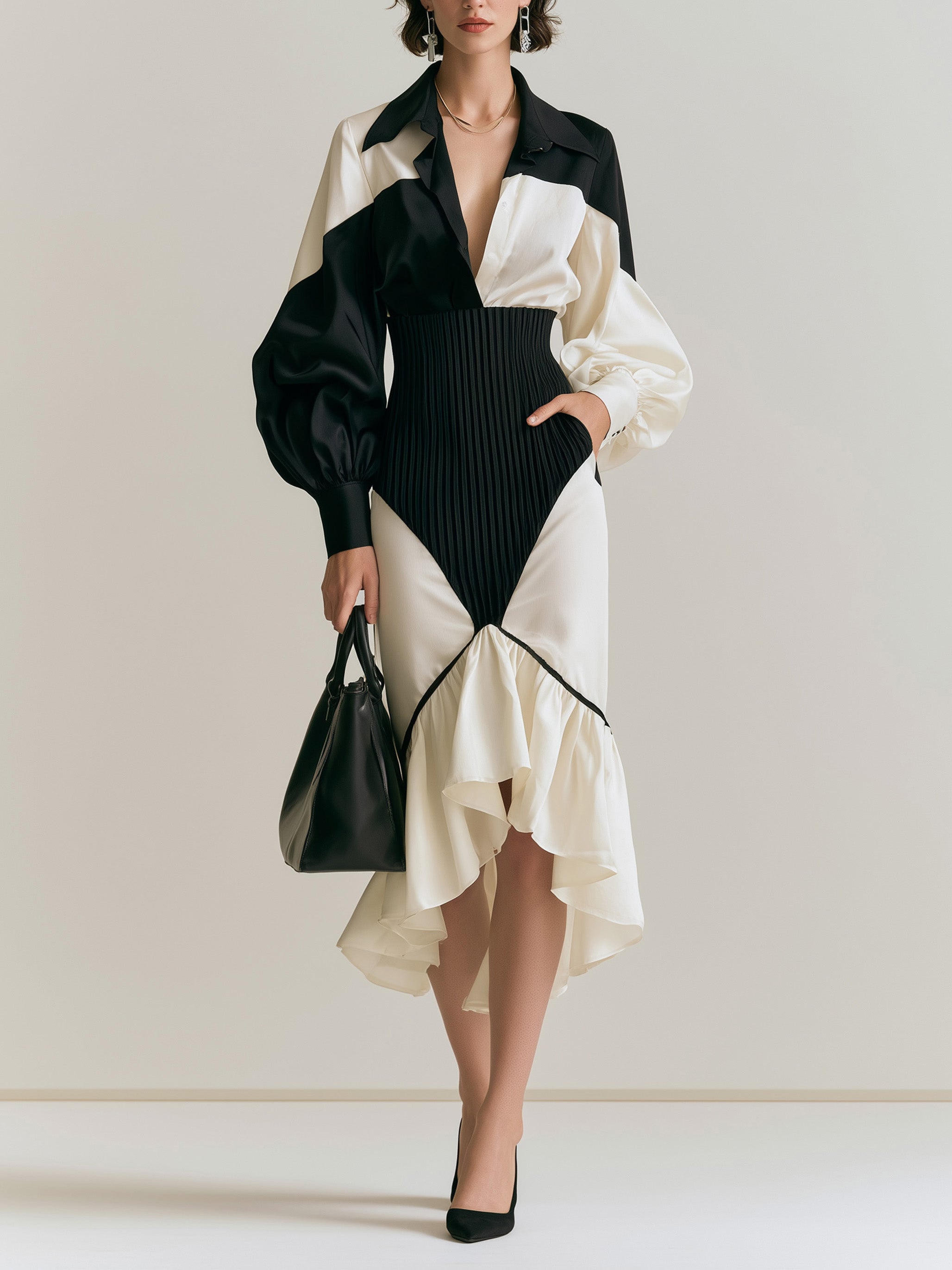 French Elegant Style Black-and-White Contrast Waisted Bubble-Sleeve Asymmetrical Midi Dress