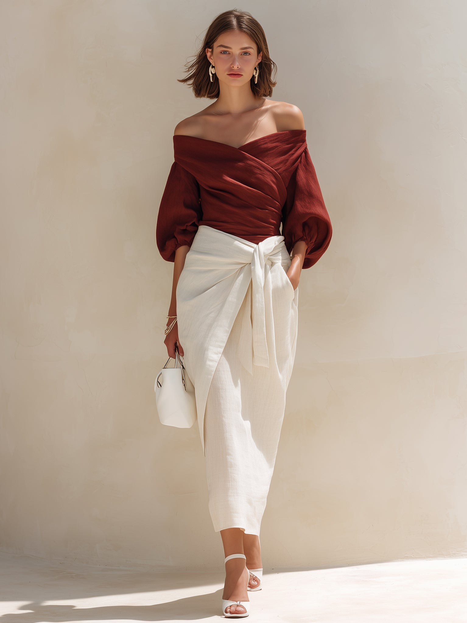 Elegant Burgundy Linen Shirt And White Skirt Set