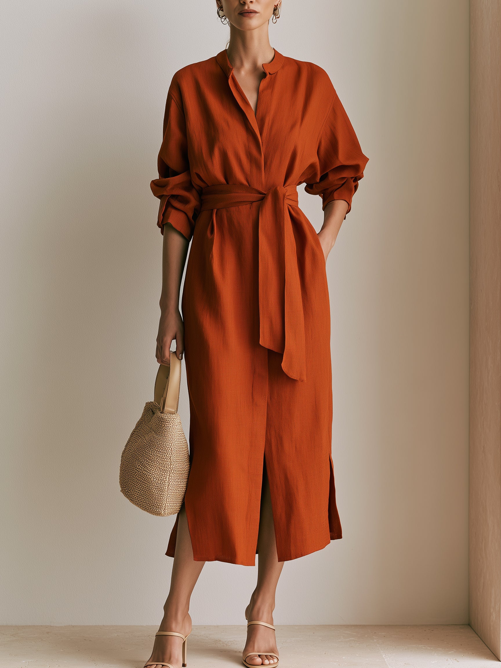 Terracotta Linen Long Sleeve Shirt Midi Dress