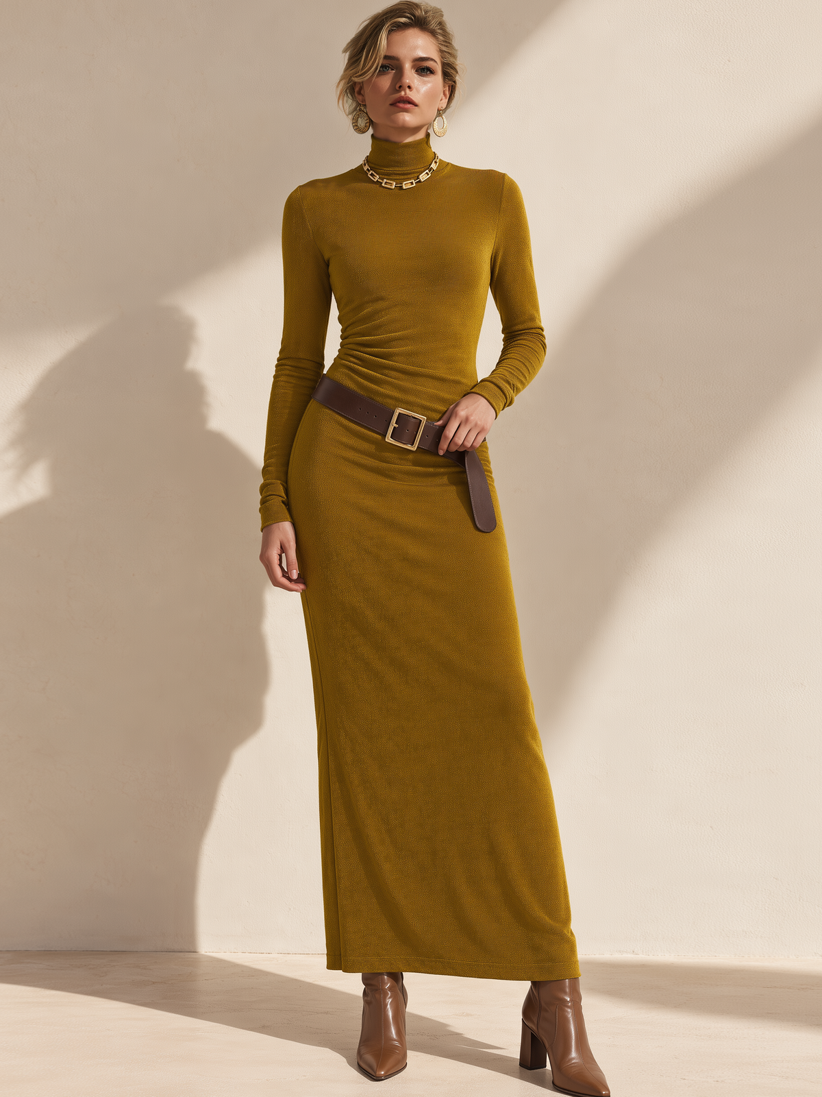 Ginger Yellow Knit Elegant Long Sleeve Dress