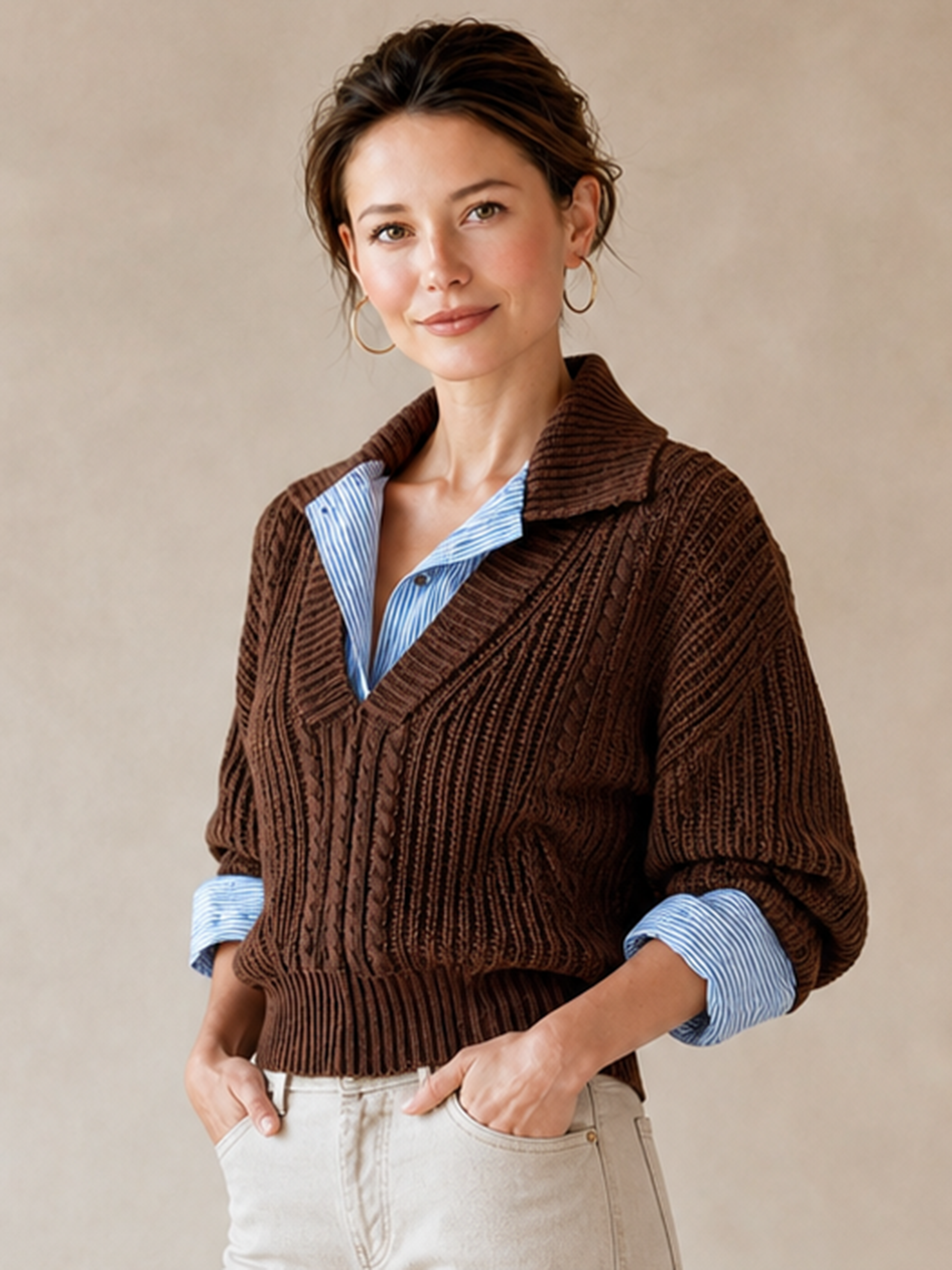 Brown Cable‑Knit Collared Fake Two‑Piece Pullover