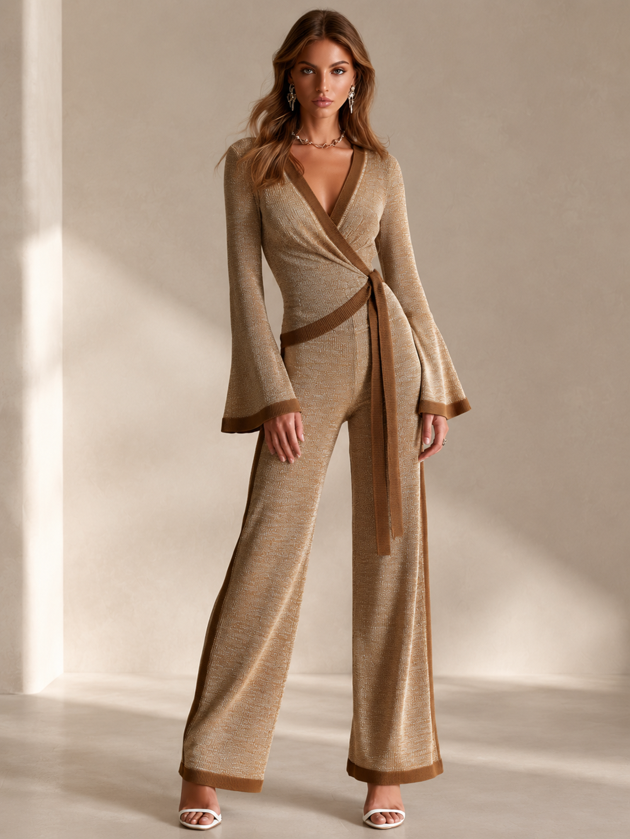 Elegant Coffee Brown Contrast Knit Wrap Top & Asymmetric Wide Leg Pants Set