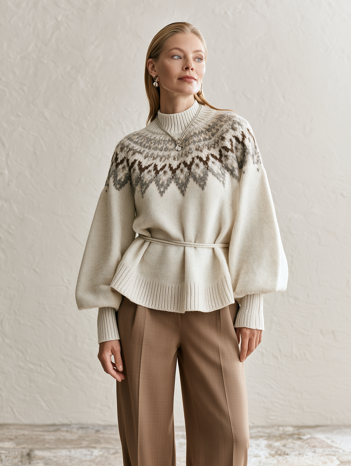 Elegant Ivory & Taupe Fair Isle Wool Knit Sweater