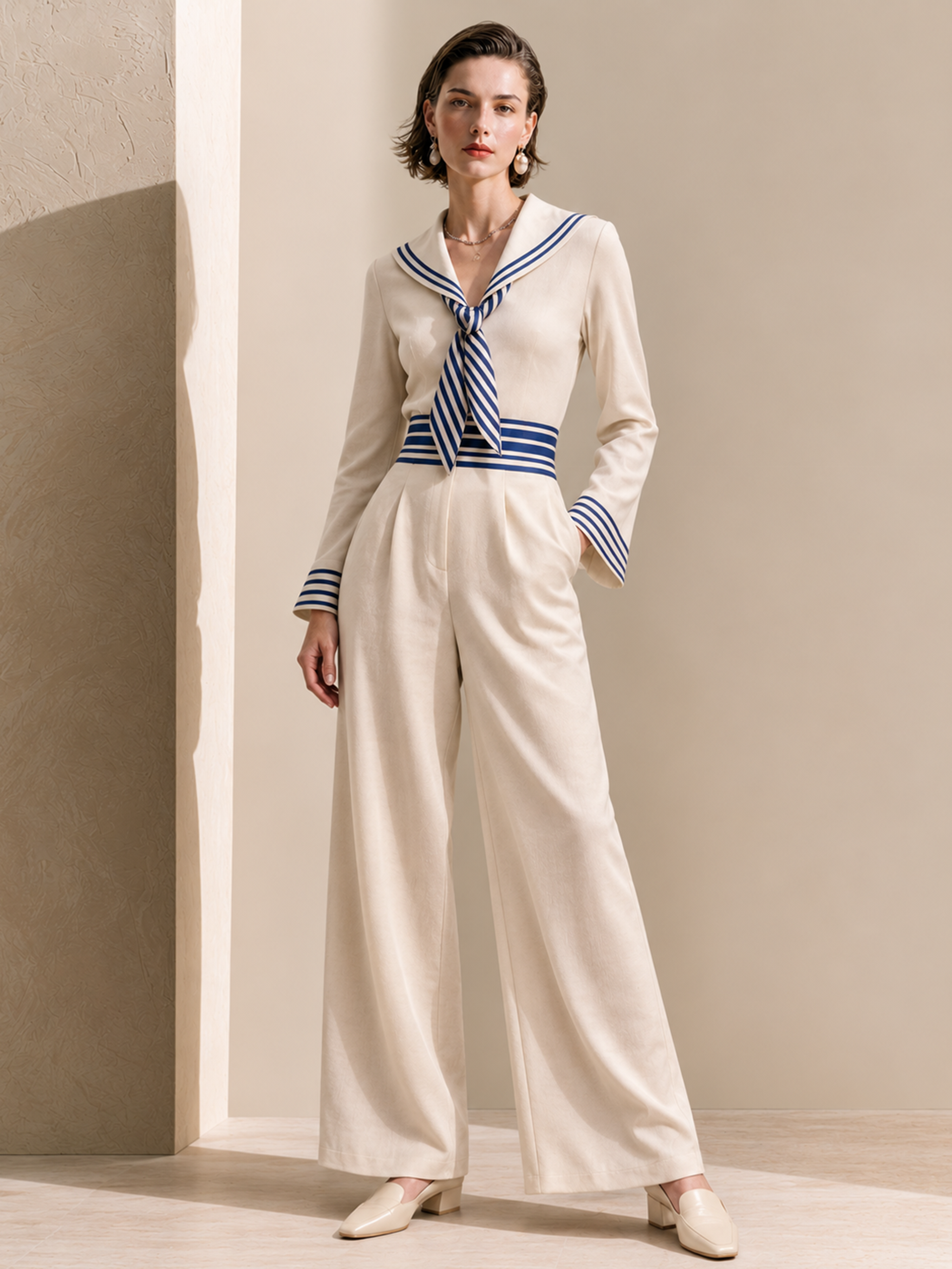 Elegant Ivory & Navy Nautical Wide-Leg Jumpsuit
