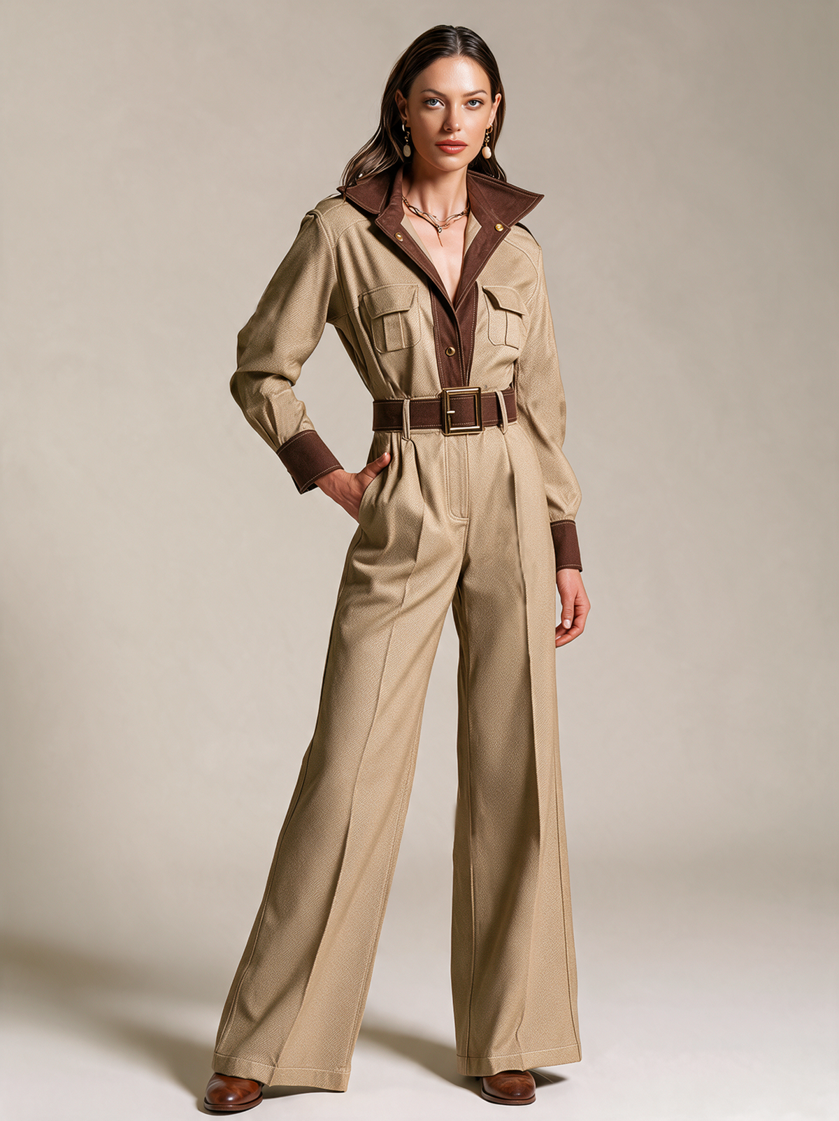 Elegant Khaki & Light Brown Contrast V-Neck Jumpsuit