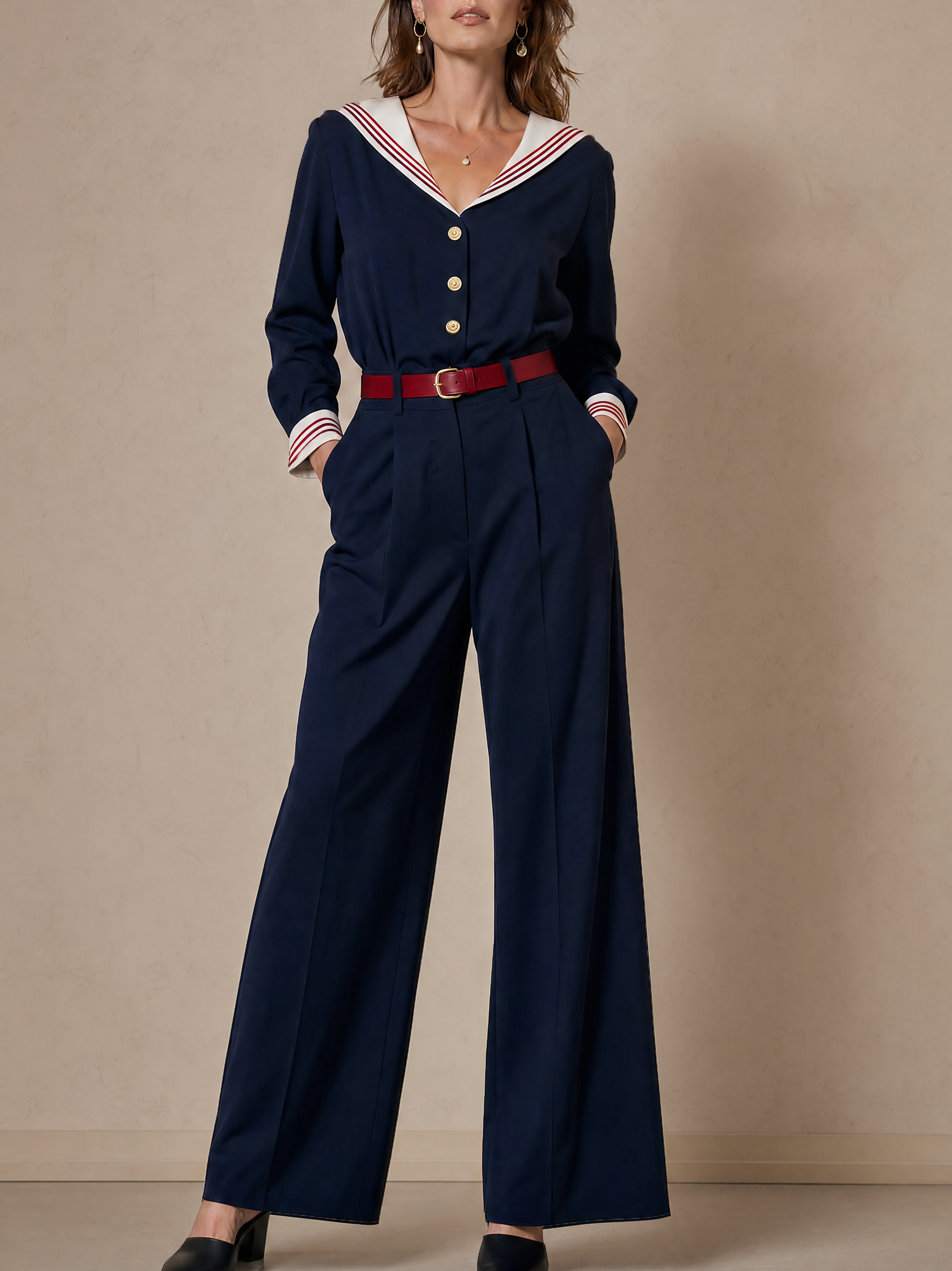 Elegant Navy Sailor-Collar Contrast Wide-Leg Jumpsuit