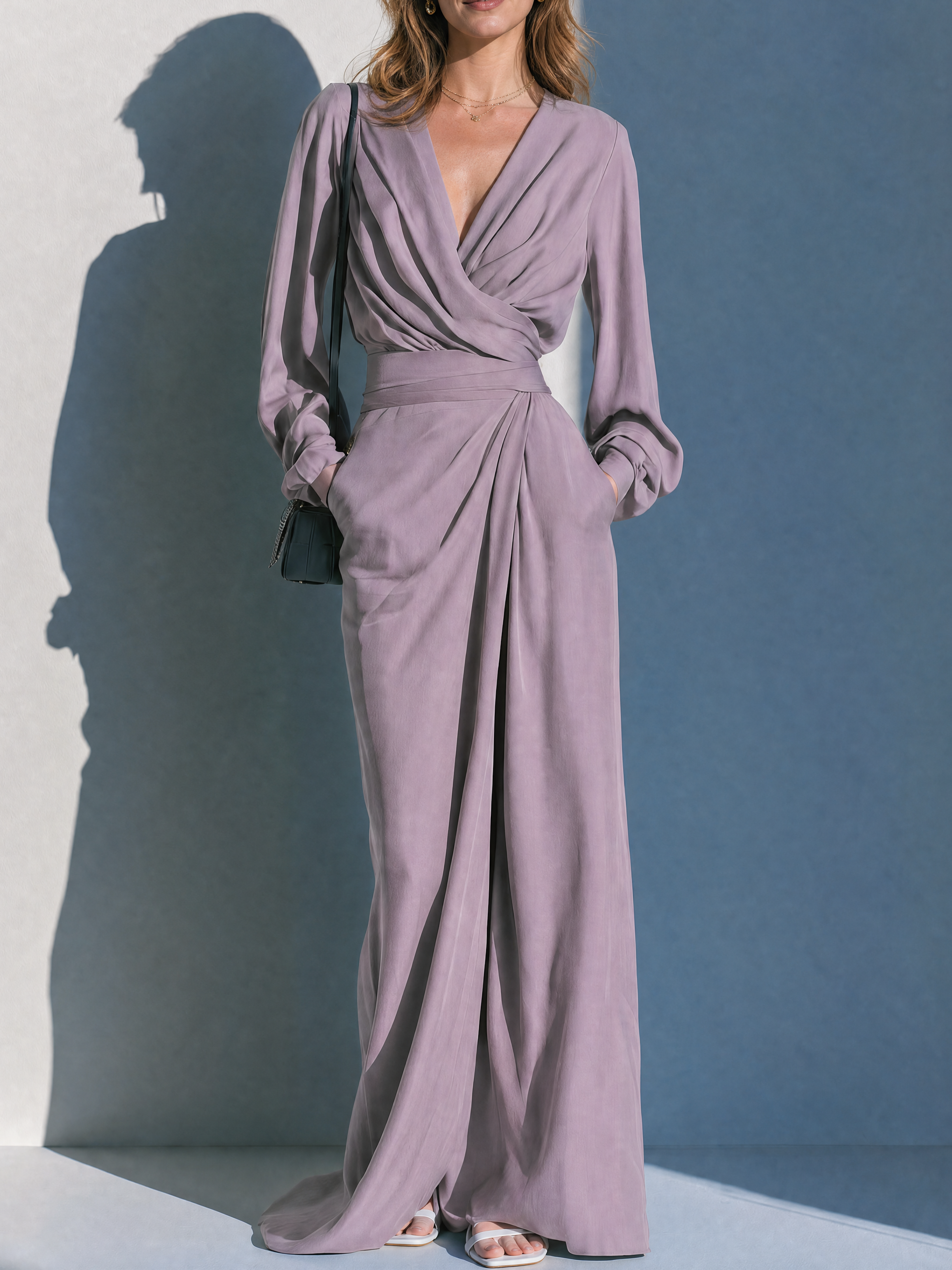 Elegant Dusty Lavender Draped Maxi Dress