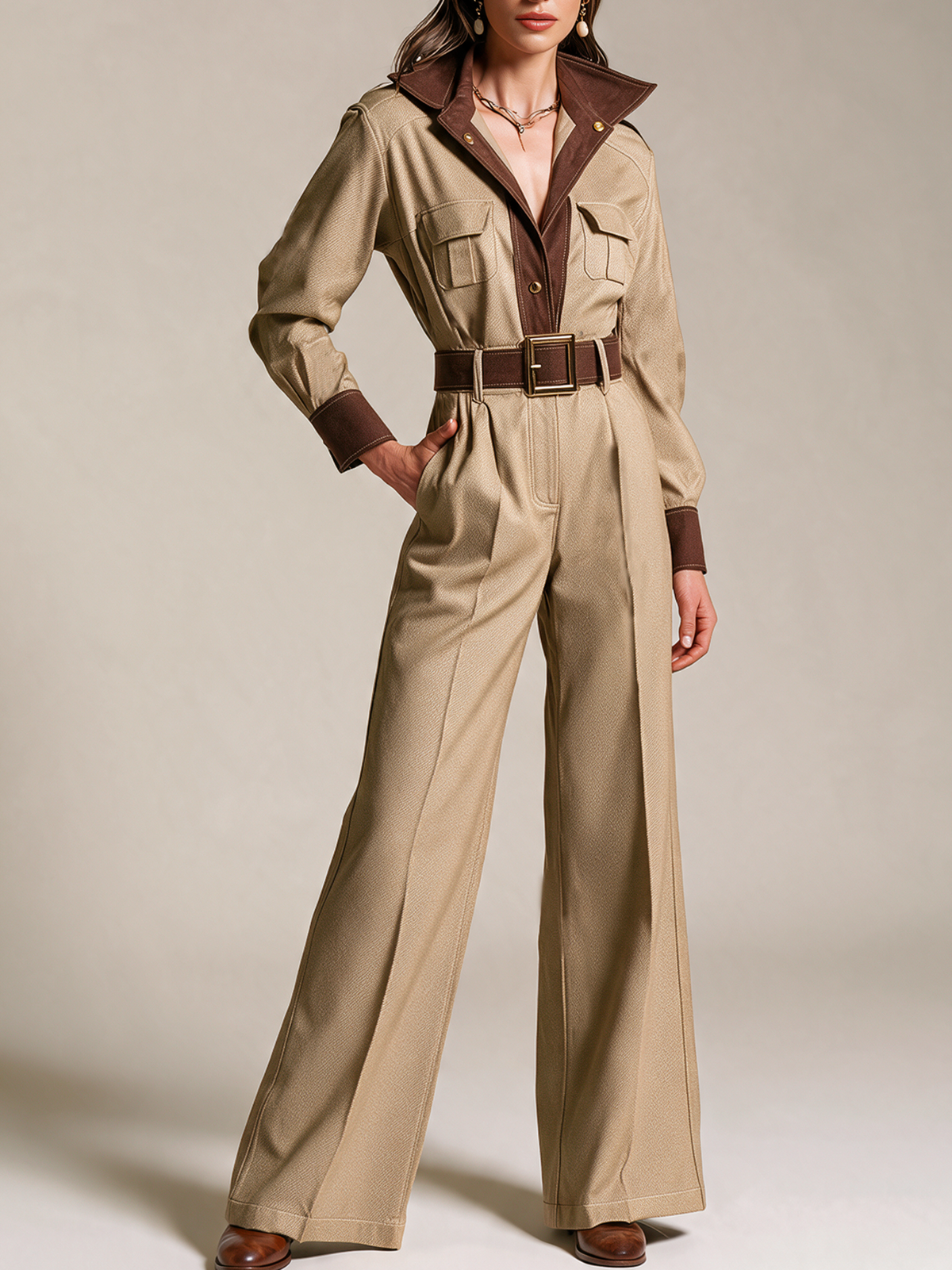 Elegant Khaki & Light Brown Contrast V-Neck Jumpsuit