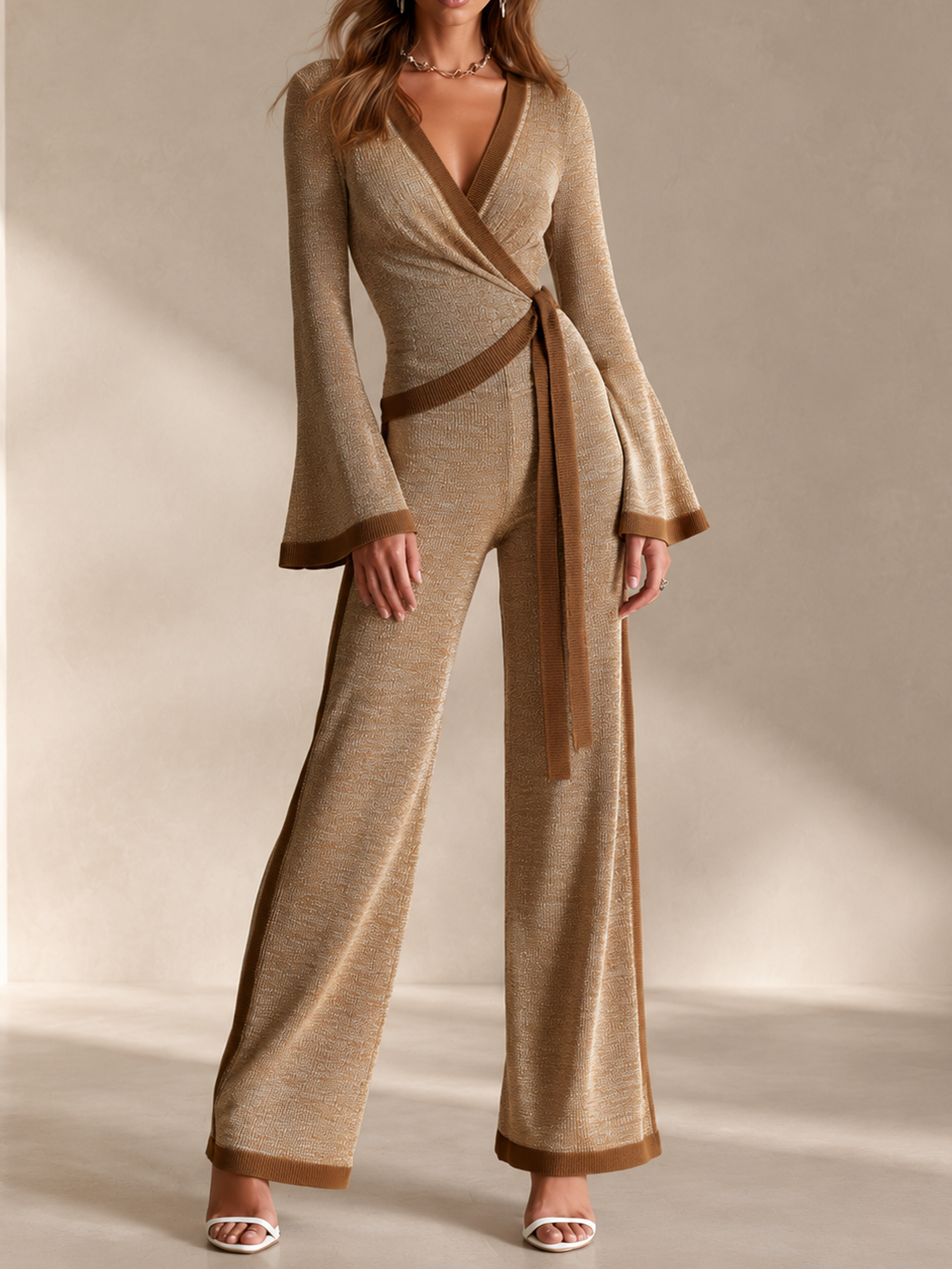 Elegant Coffee Brown Contrast Knit Wrap Top & Asymmetric Wide Leg Pants Set