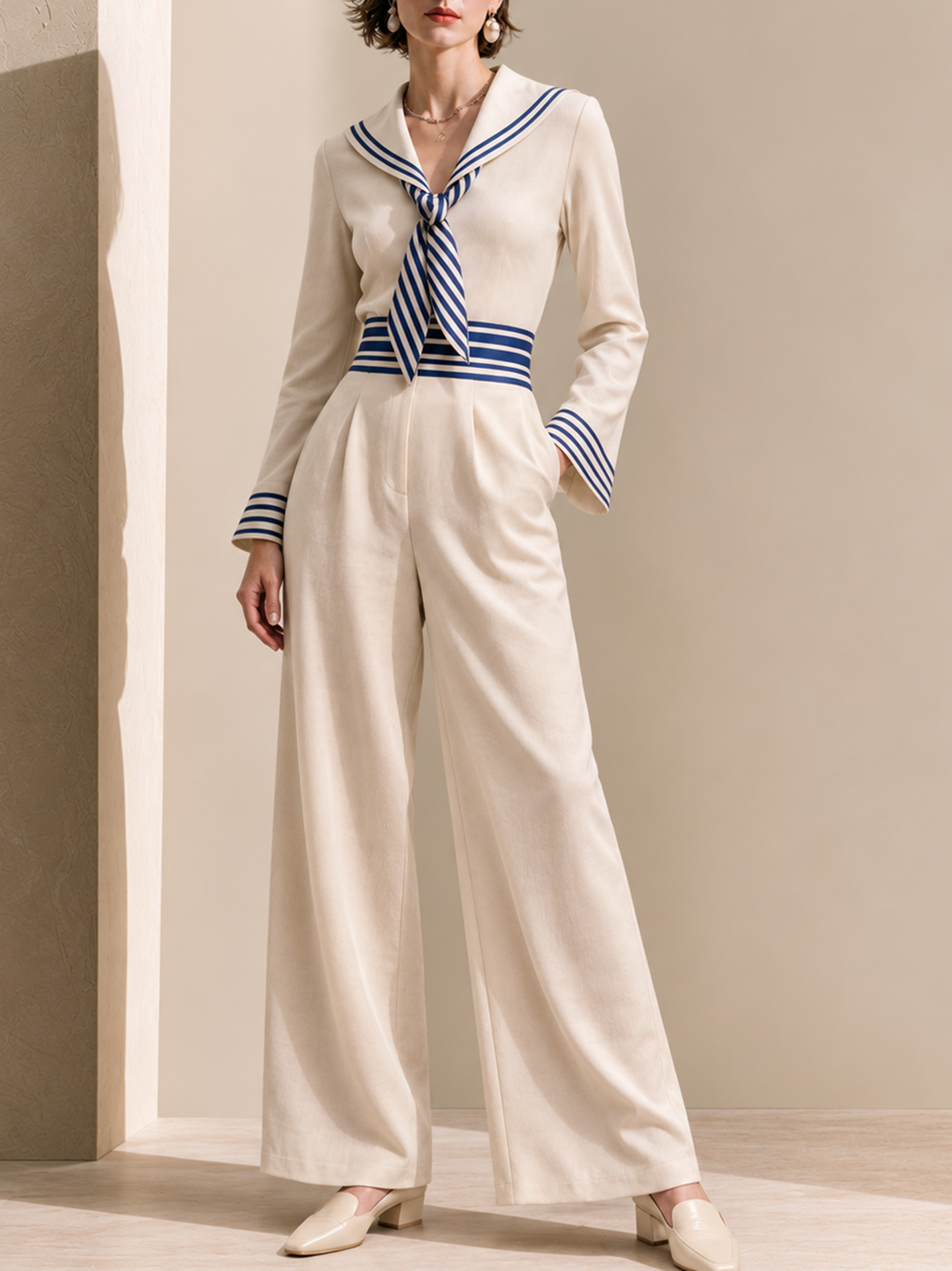 Elegant Ivory & Navy Nautical Wide-Leg Jumpsuit