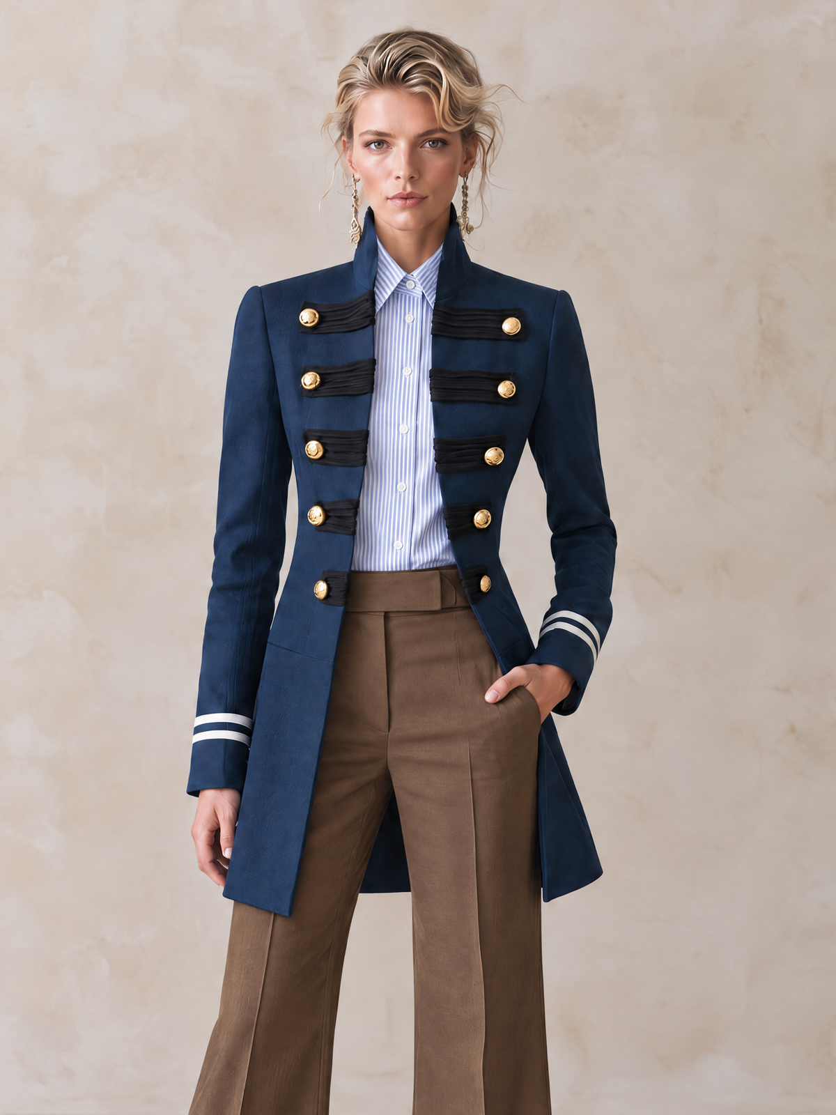 Elegant Navy Military-Inspired Longline Blazer