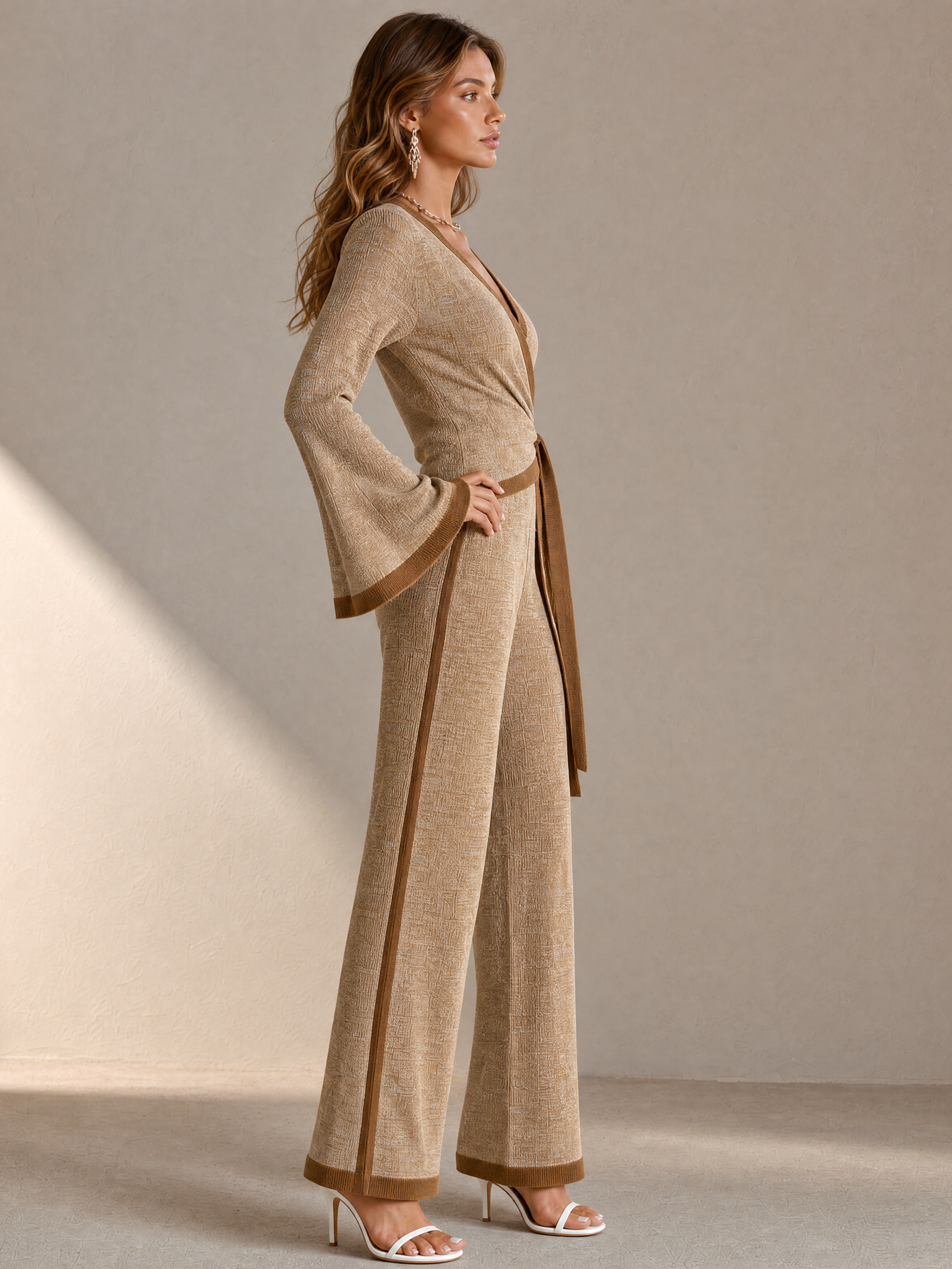 Elegant Coffee Brown Contrast Knit Wrap Top & Asymmetric Wide Leg Pants Set