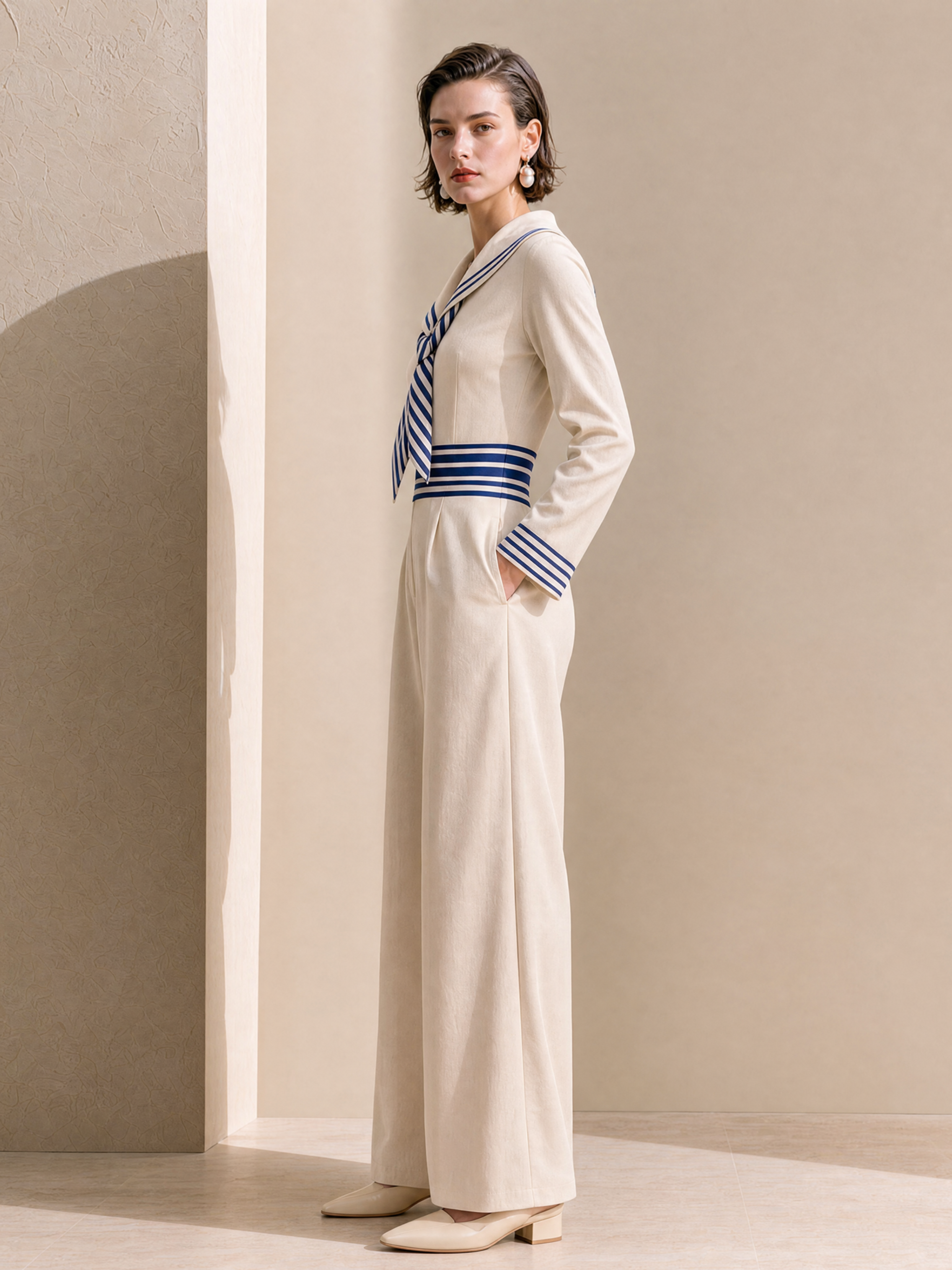Elegant Ivory & Navy Nautical Wide-Leg Jumpsuit