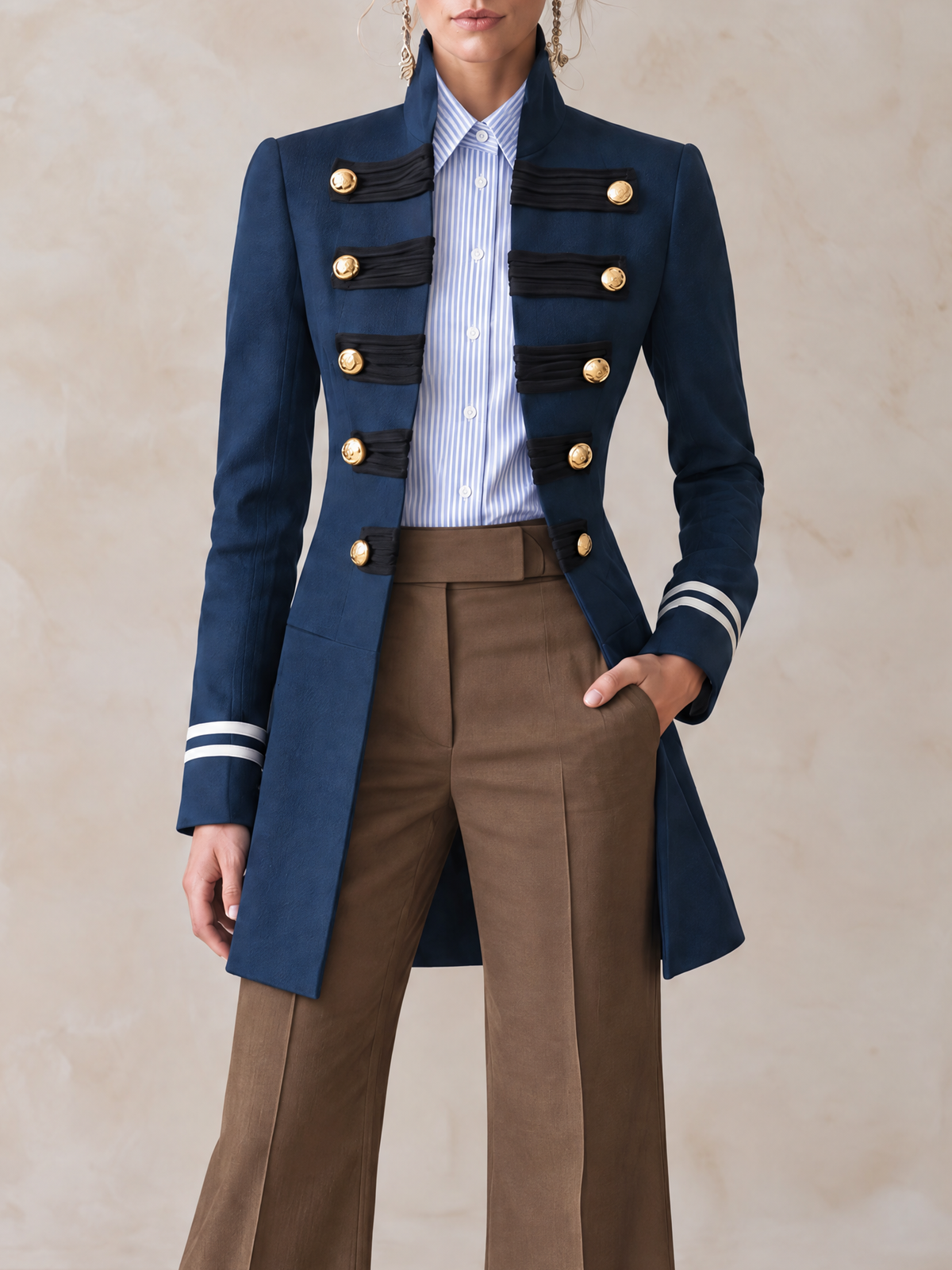 Elegant Navy Military-Inspired Longline Blazer