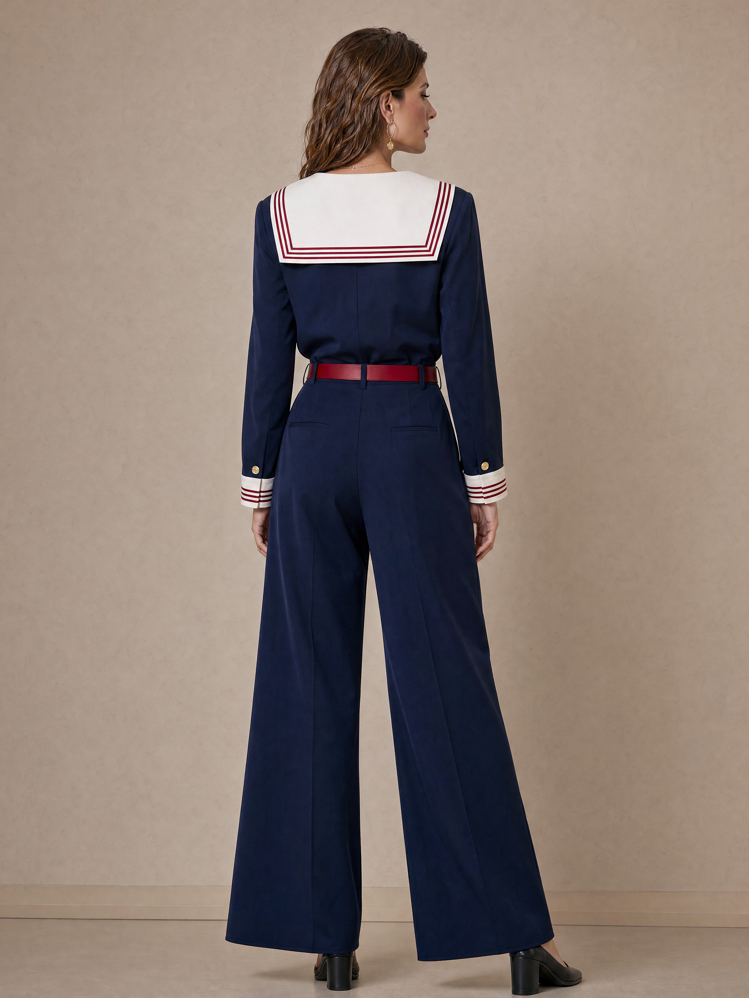 Elegant Navy Sailor-Collar Contrast Wide-Leg Jumpsuit
