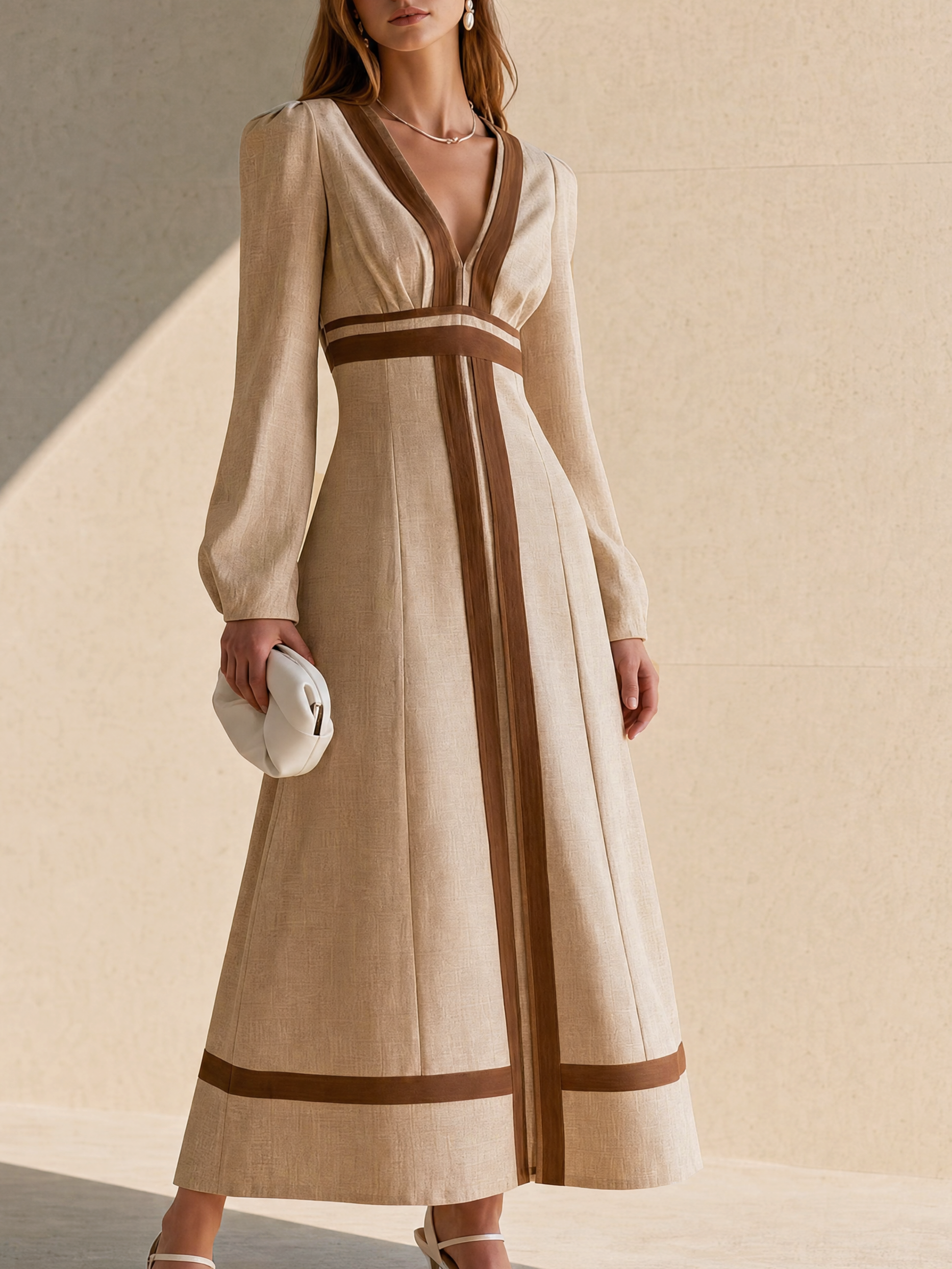 Elegant Khaki Contrast Trim Linen Blend V-Neck Midi Dress