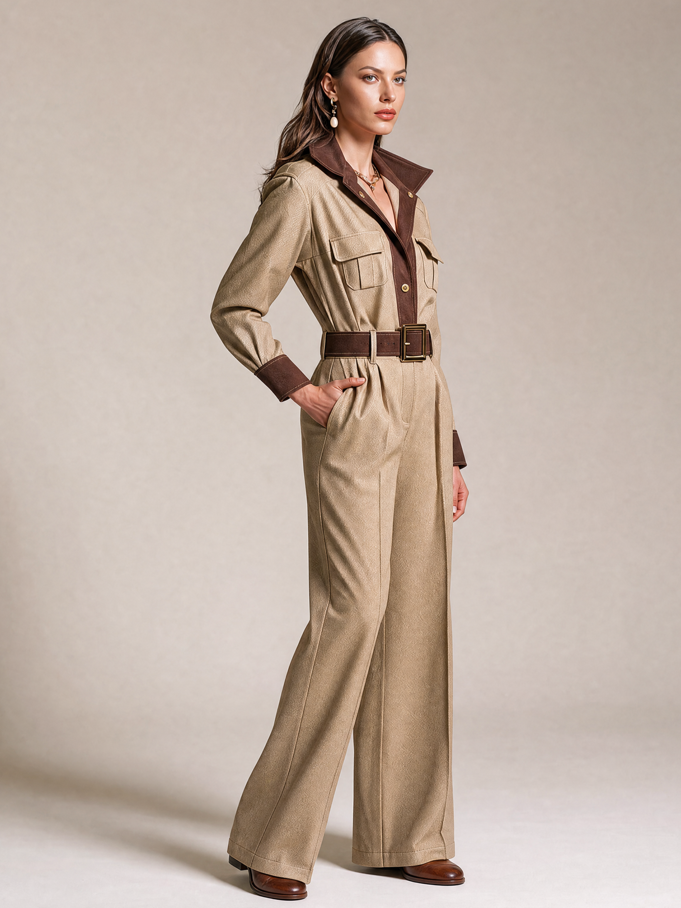 Elegant Khaki & Light Brown Contrast V-Neck Jumpsuit