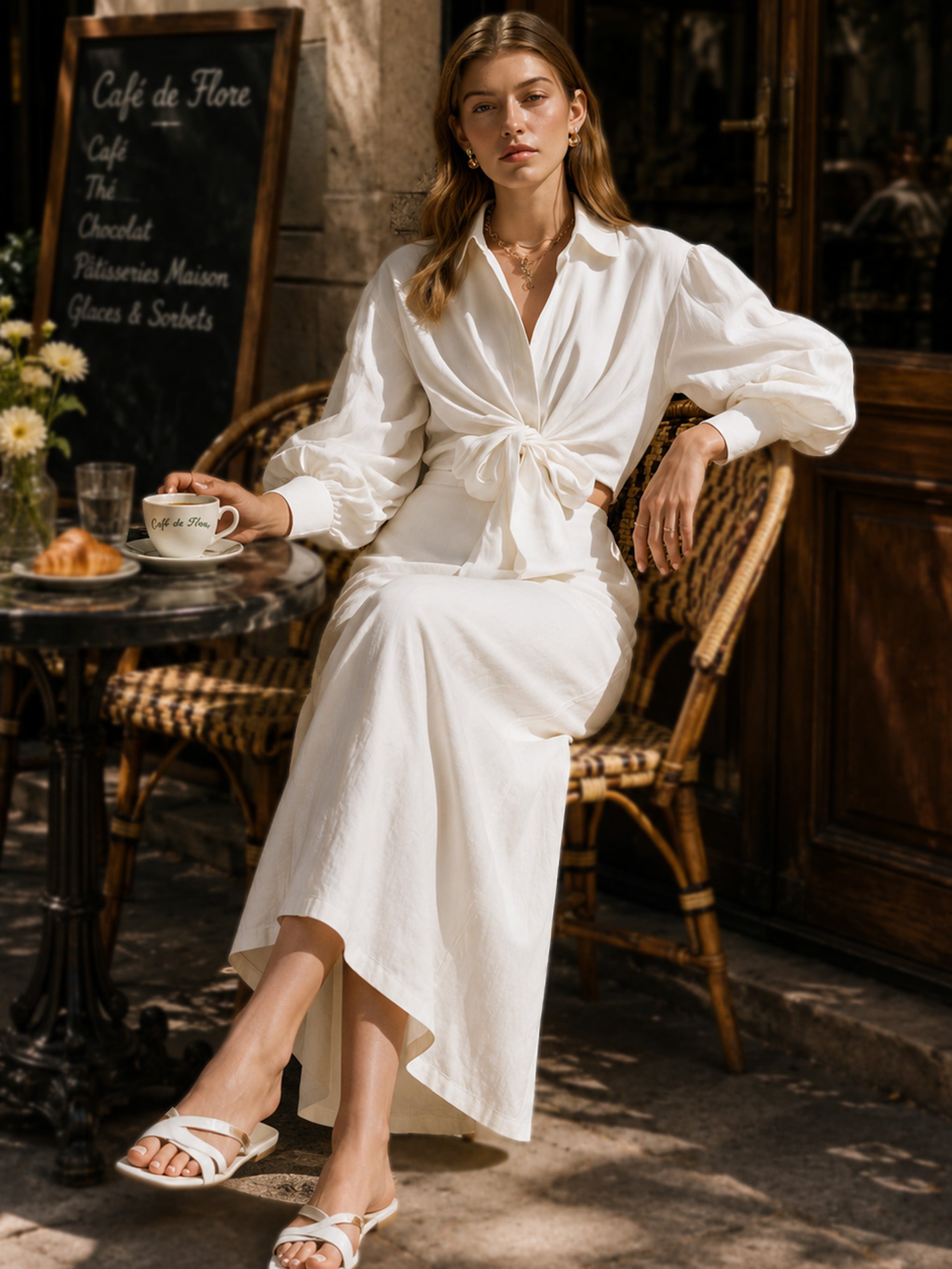 Elegant White Linen Blend Suit: Button-Up Shirt & Midi Skirt Set