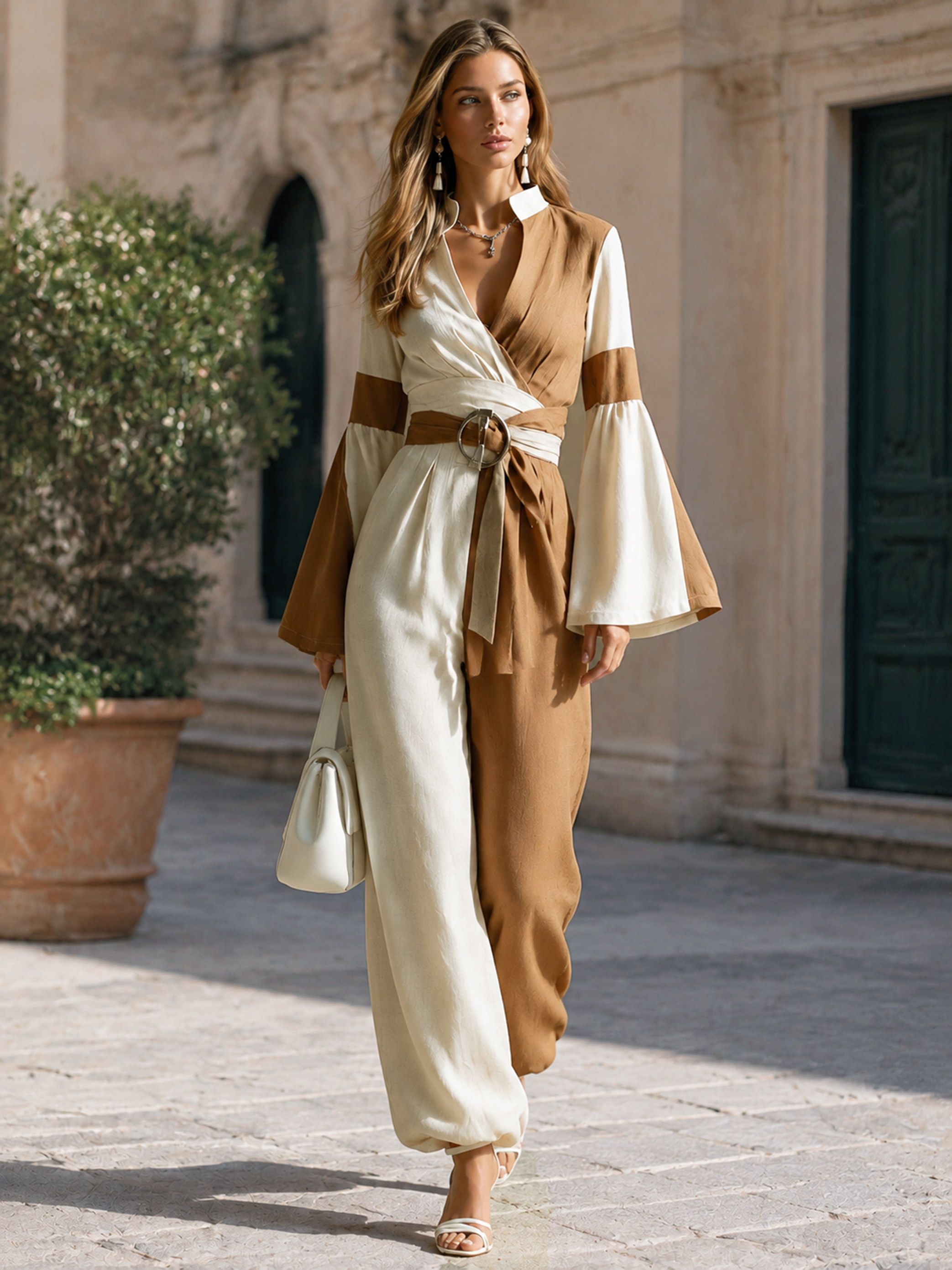 Elegant Khaki Contrast Linen Blend Jumpsuit