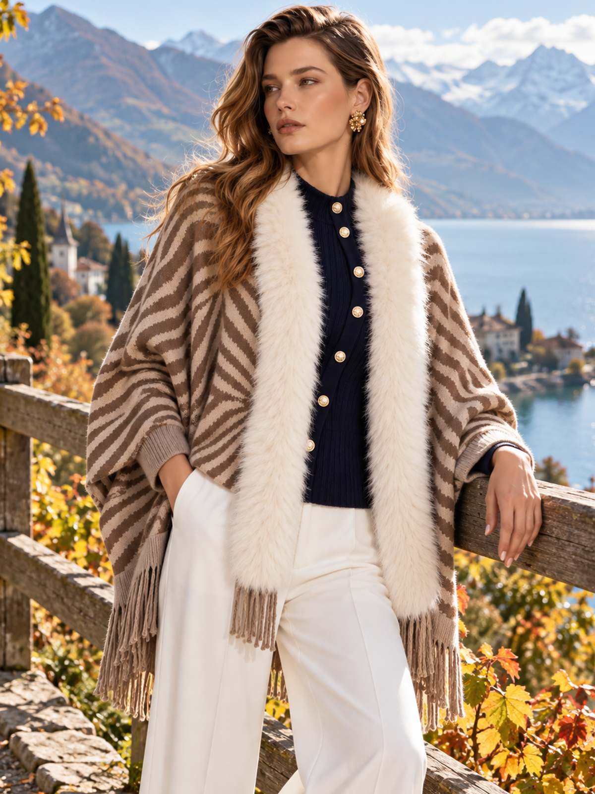 Brown Zebra Jacquard Detachable Fur Fringe Cardigan