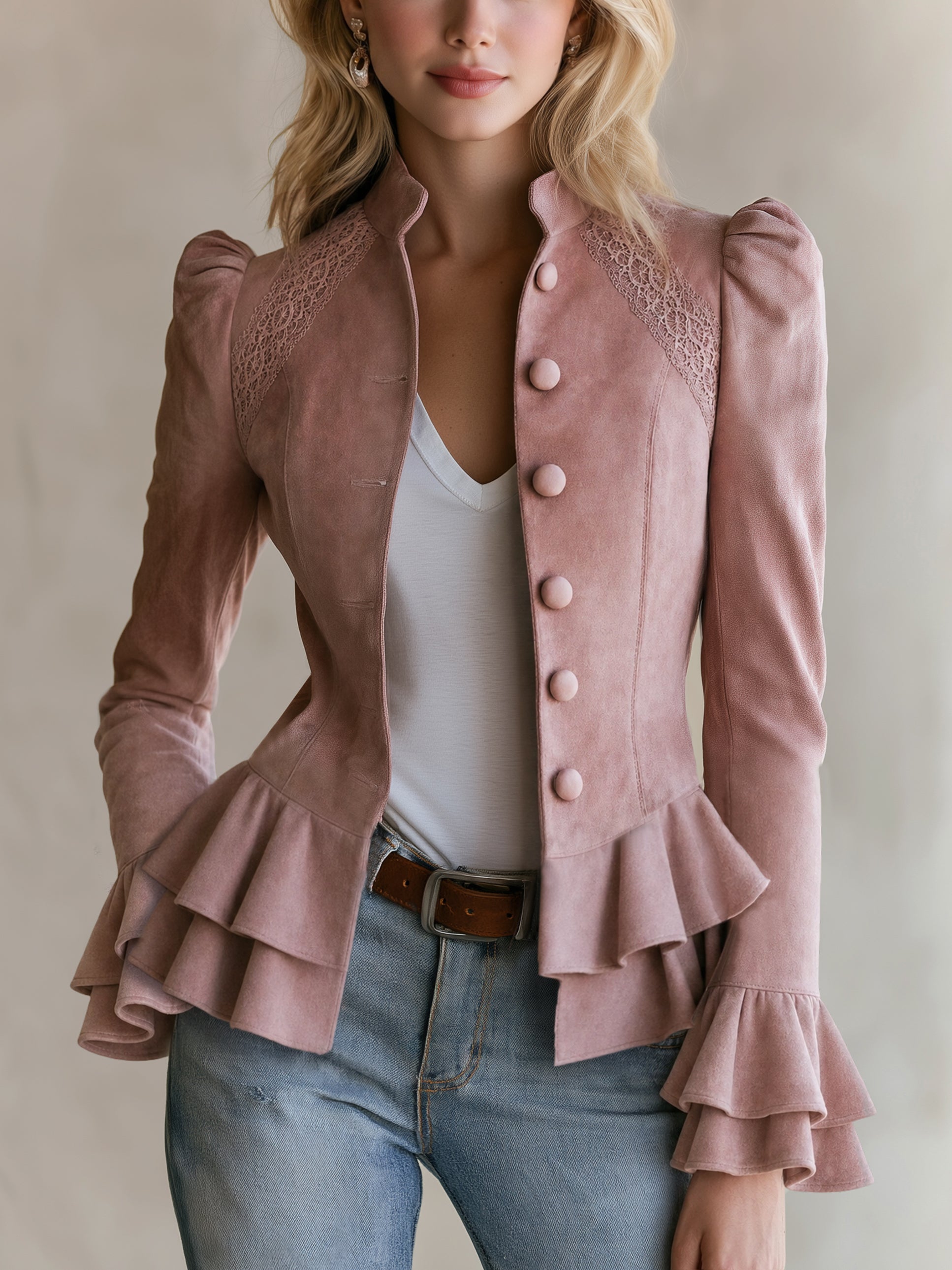 Suede‑Effect Peplum Jacket Coat