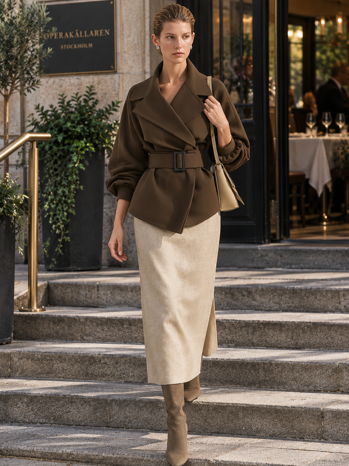 Deep Brown Wide Lapel Belted Waist Short Trench Coat