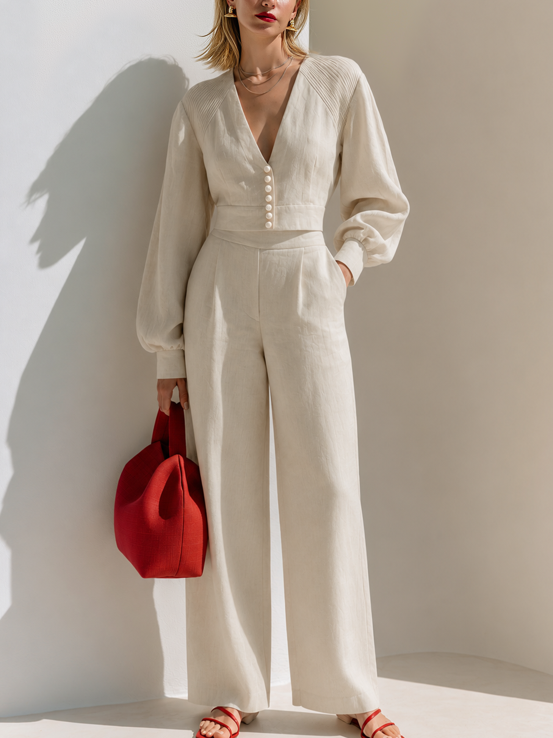 Off-white Tencel-linen Two-piece Set Featuring A Deep-V, Button-front Lantern-sleeve Top And Wide-leg Trousers.