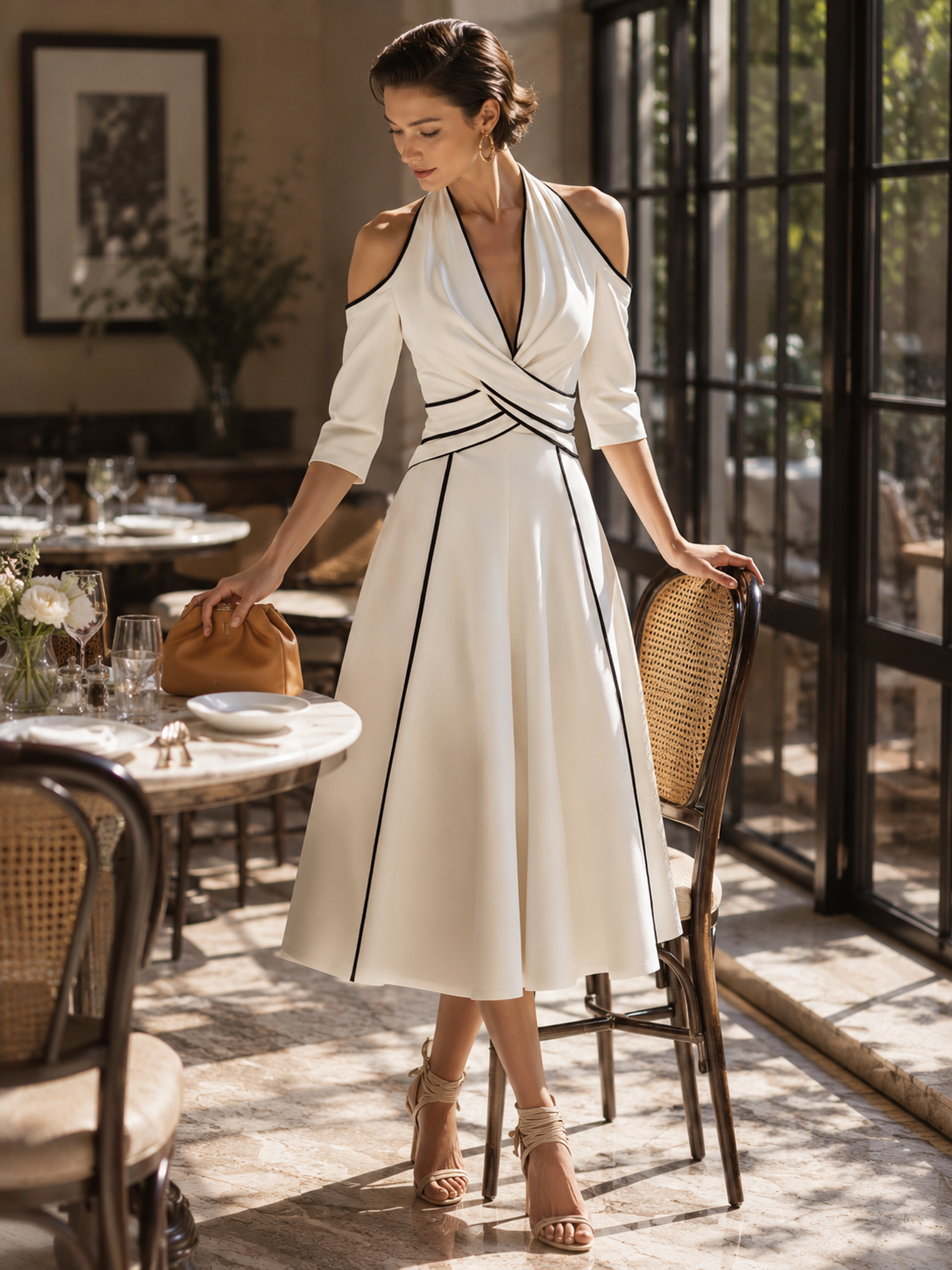 Black White Contrast Halter Off Shoulder Dress