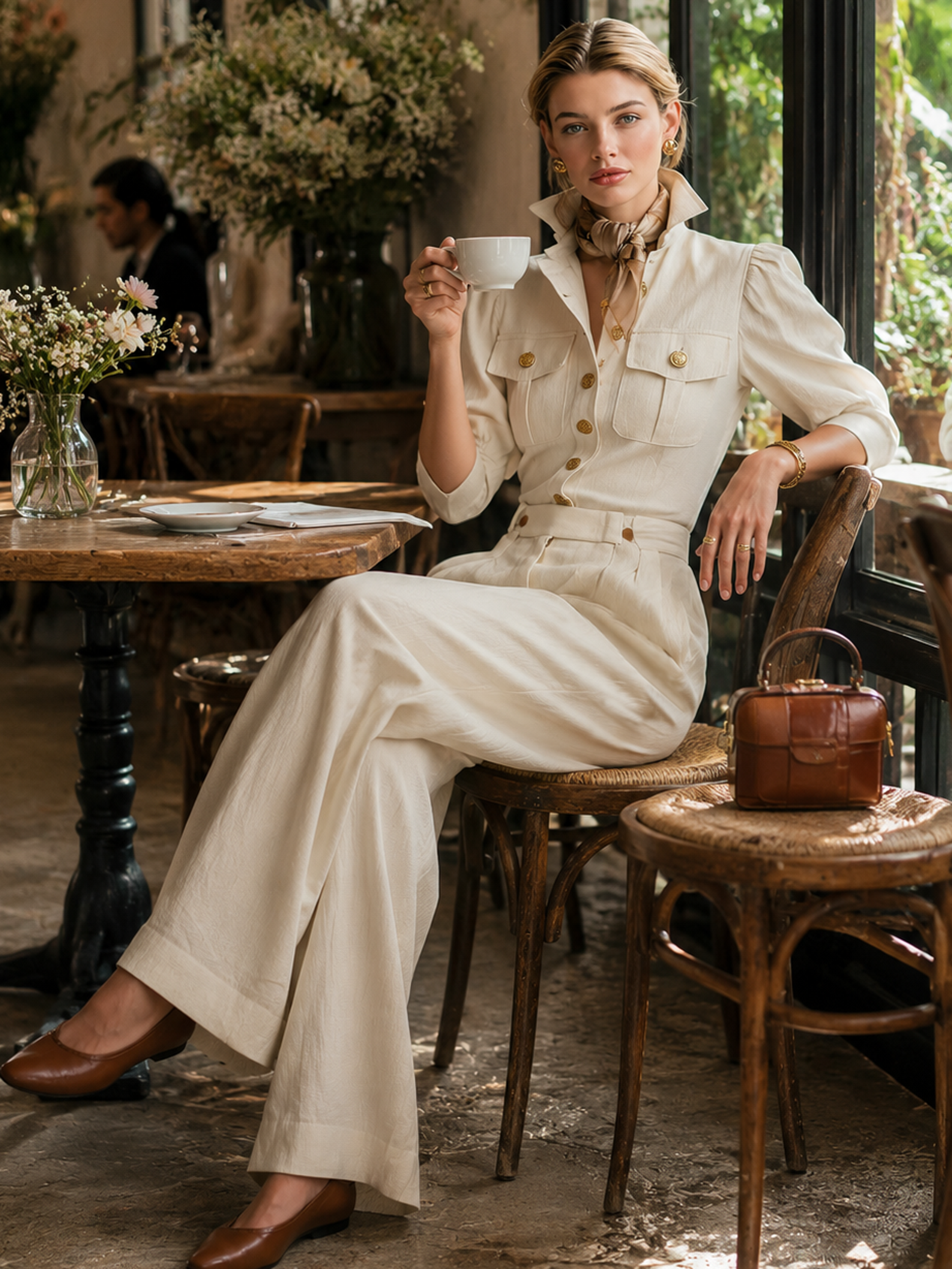Cream Stand‑Collared Puff‑Sleeve High‑Waist Suit
