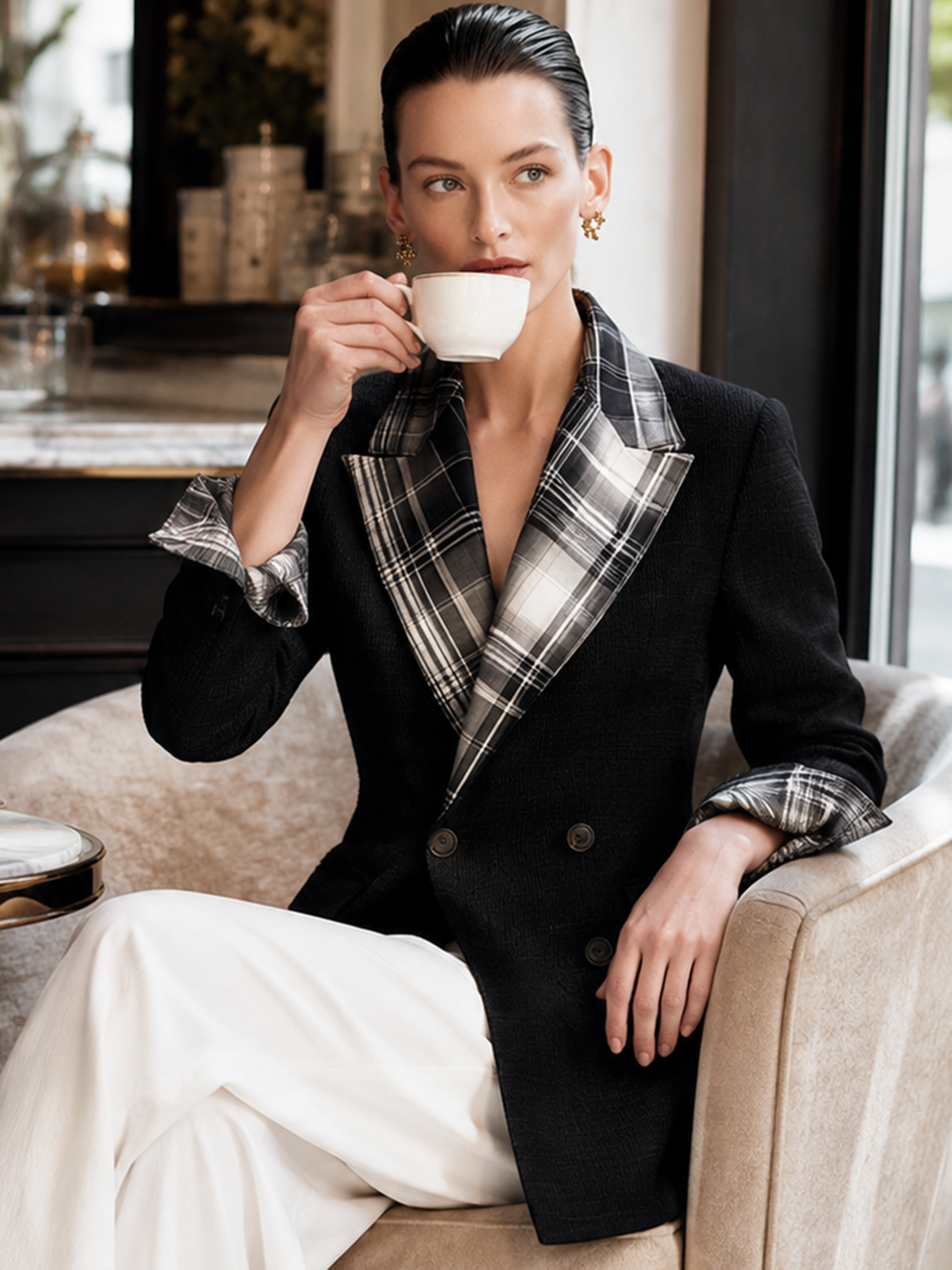 Elegant Plaid Contrast Lapel Double‑Breasted Textured Blazer