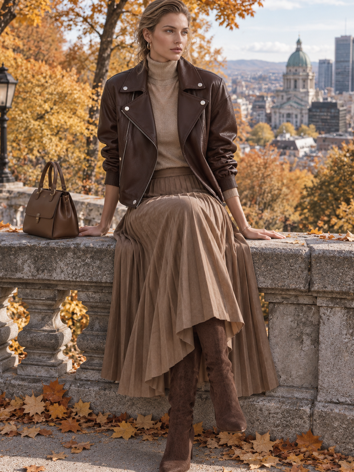 Dark Brown Lapel Zipper Cropped Moto Leather Jacket