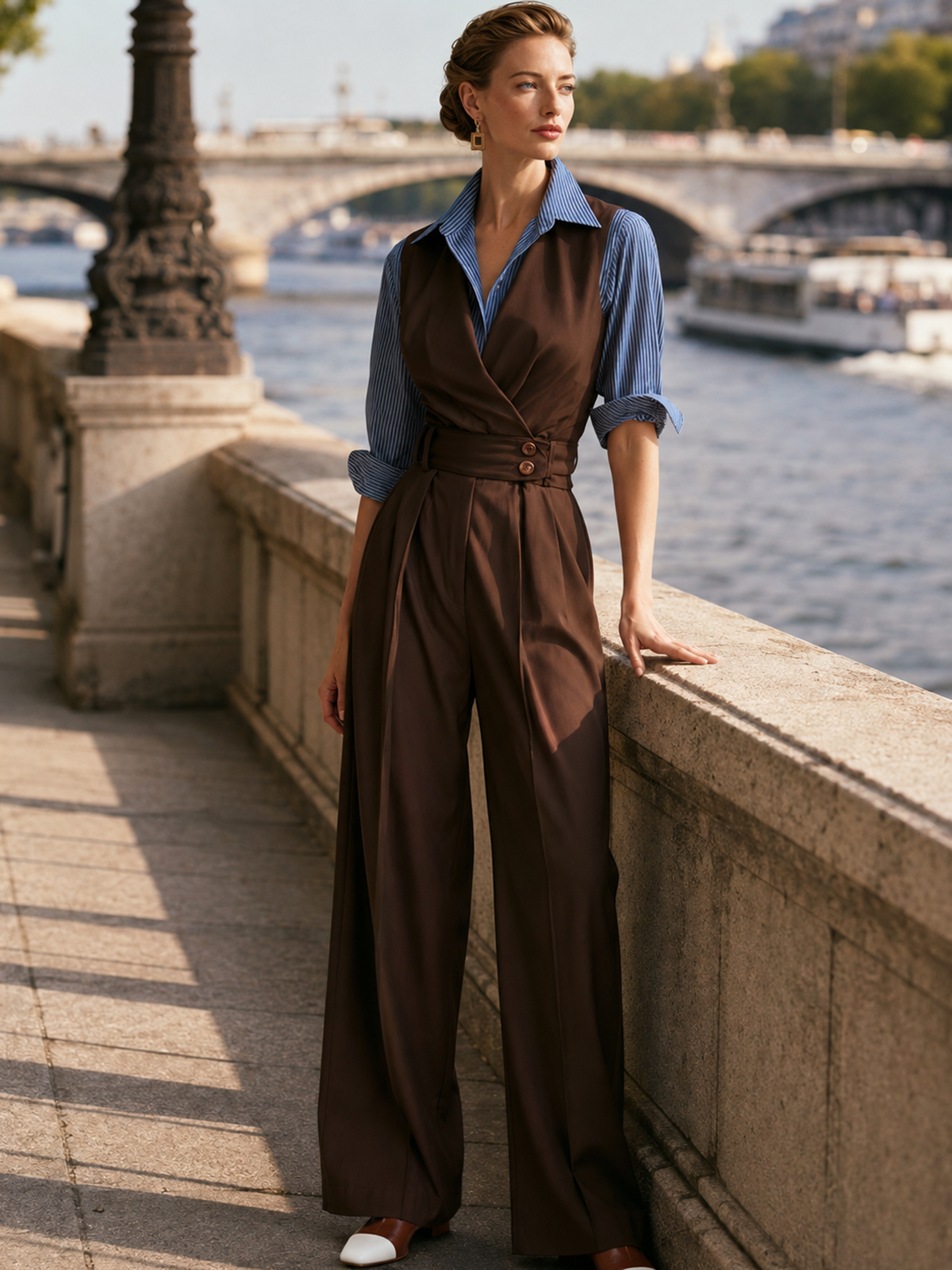 V‑Neck Shirt‑Patch Faux Two‑Piece Waisted Jumpsuit