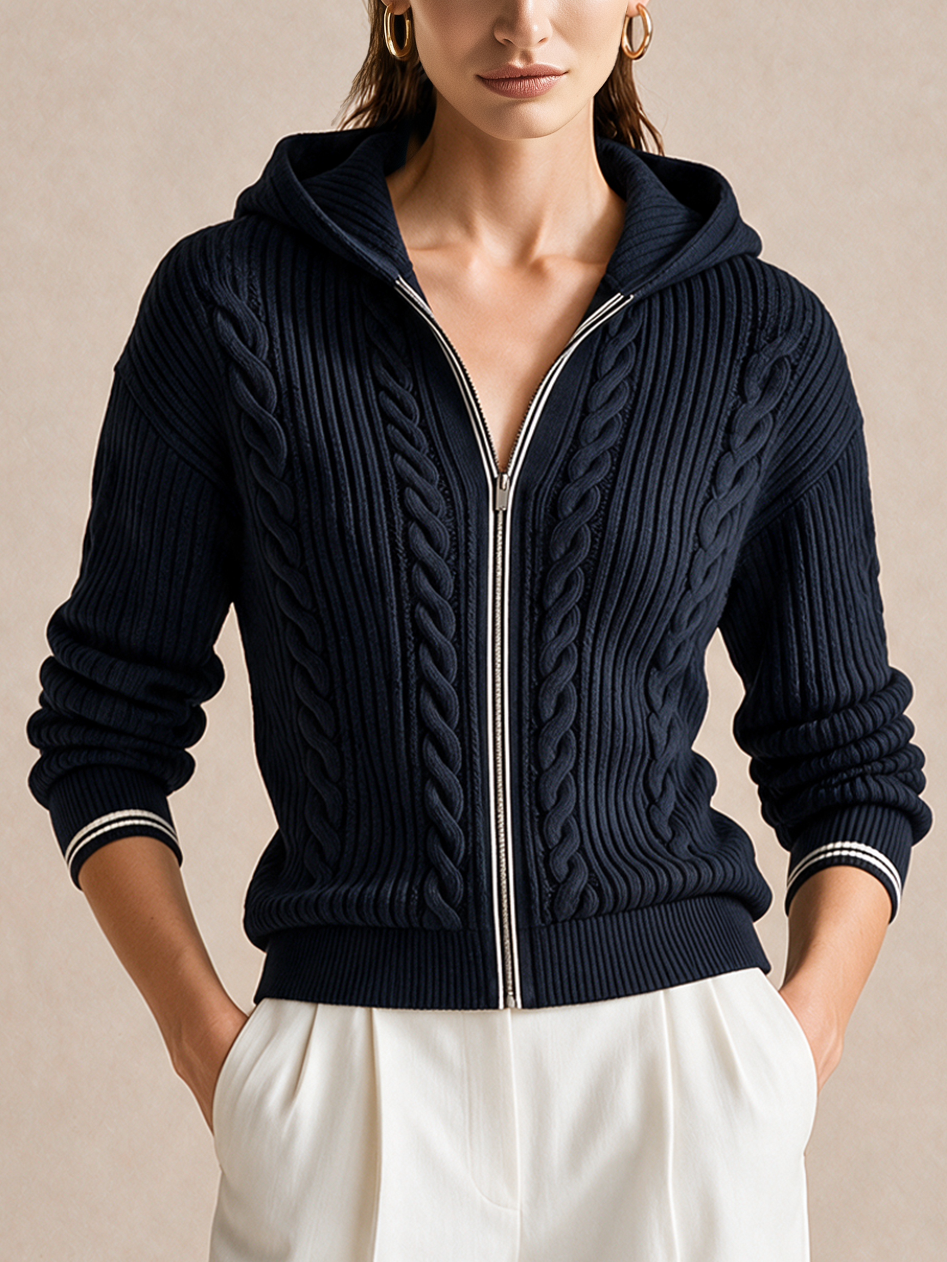 Navy Cable‑Knit Hooded Zip‑Up Cardigan