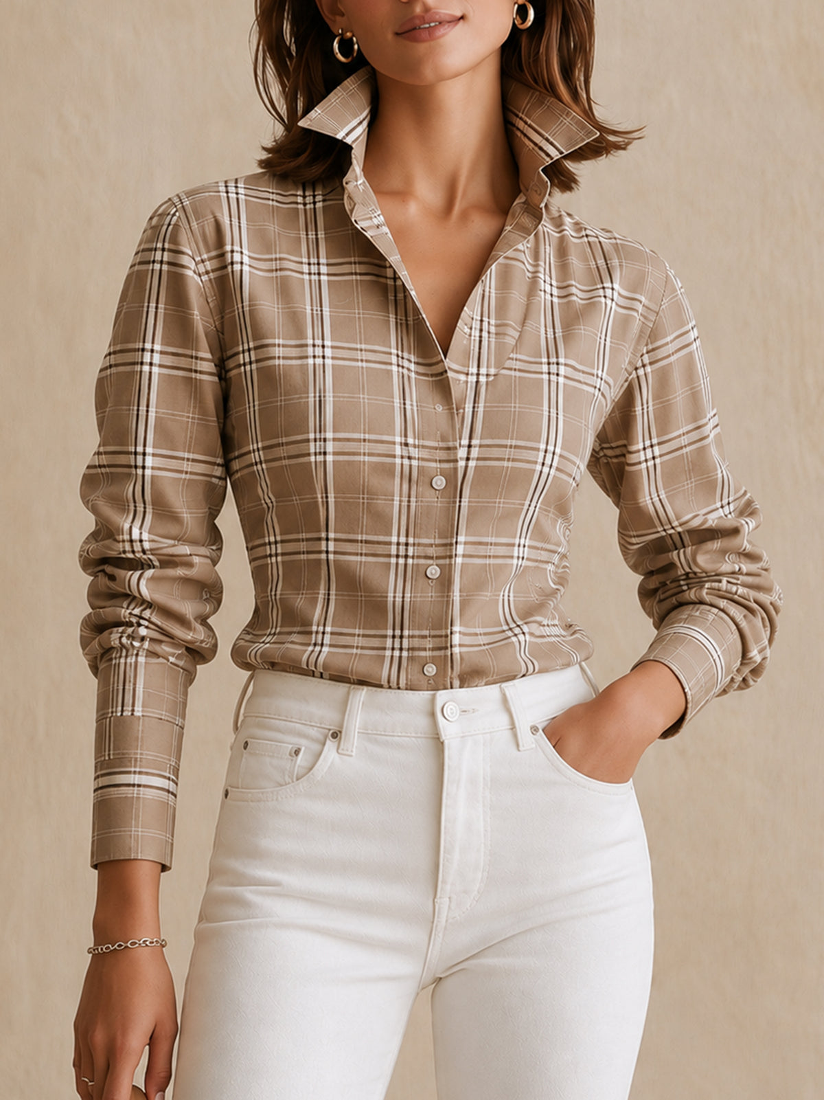 Elegant Brown Plaid Shirt With A Stand-up Collar