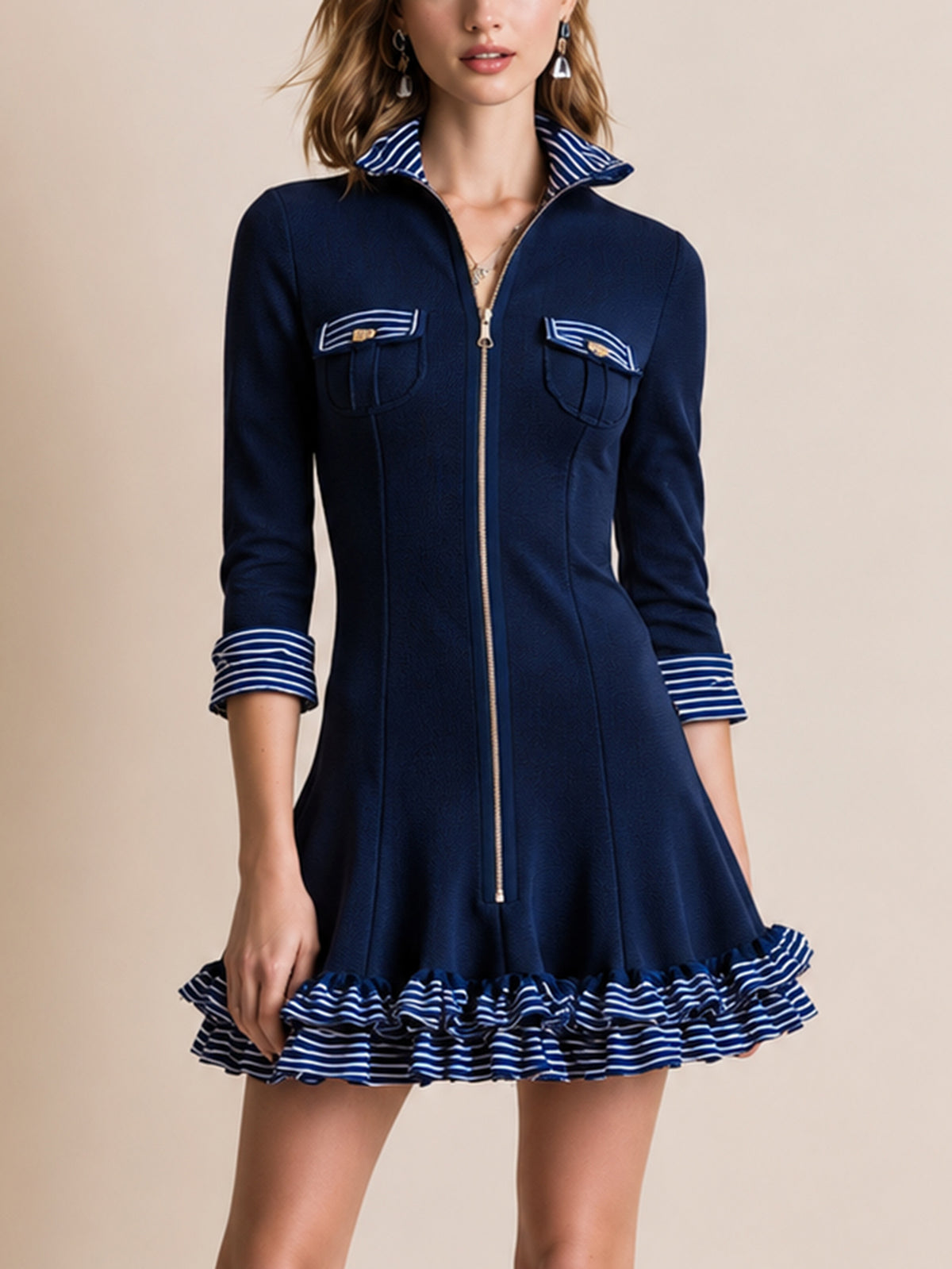 Navy Zip-Front Striped Ruffle Hem Mini Dress