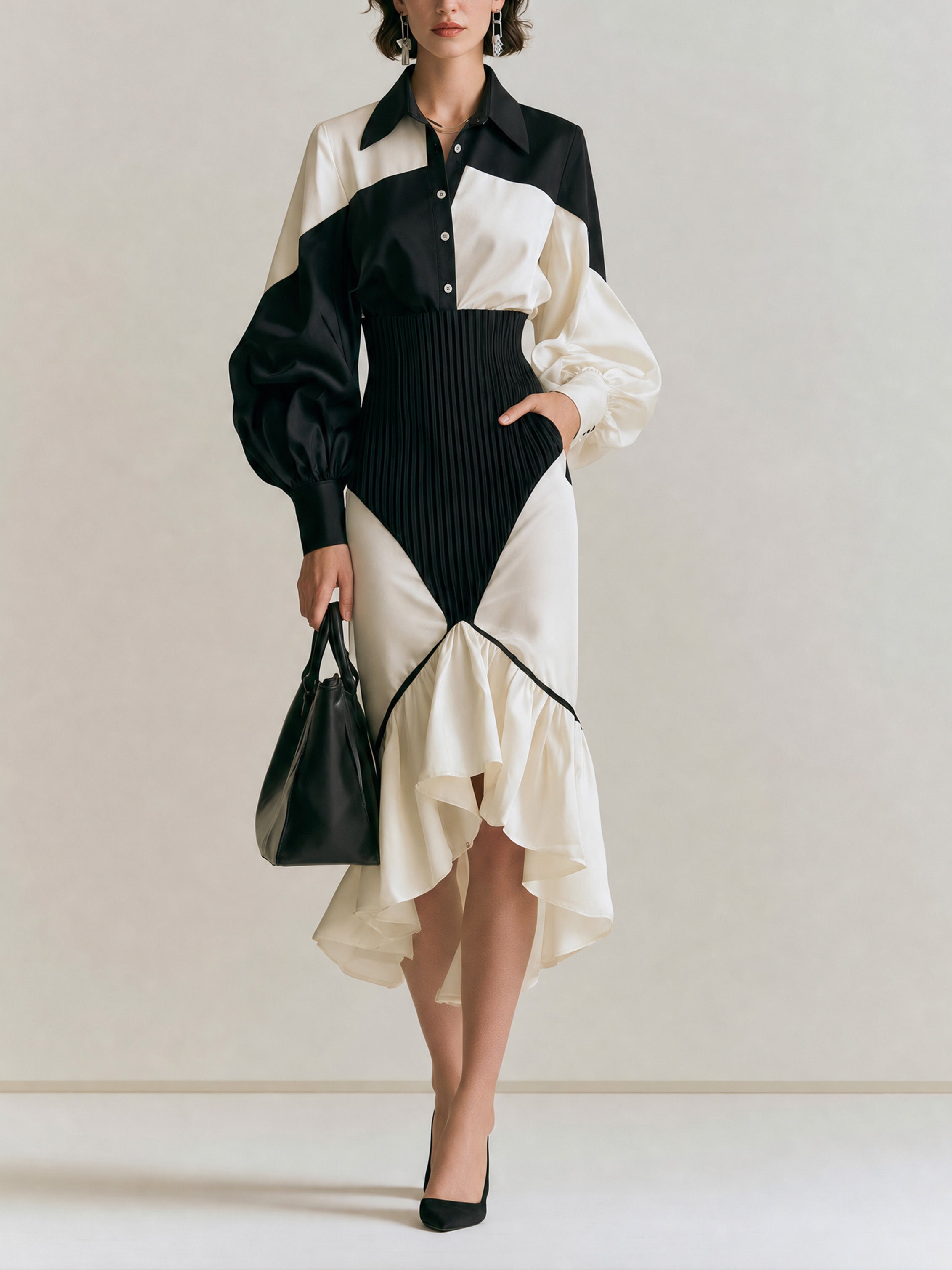 French Elegant Style Black-and-White Contrast Waisted Bubble-Sleeve Asymmetrical Midi Dress
