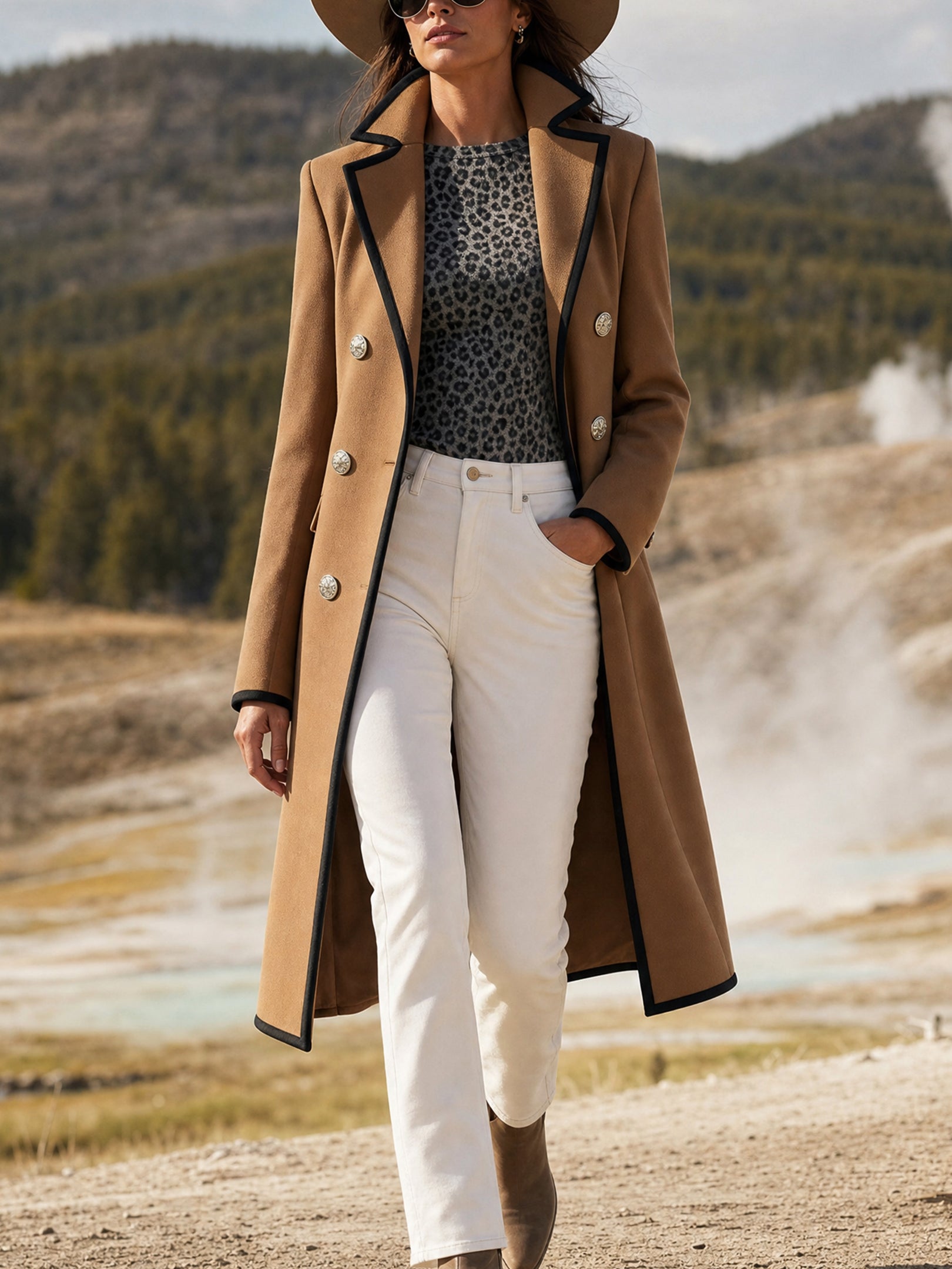Camel Tailored Black Piping‑Trim Long Coat Outerwear