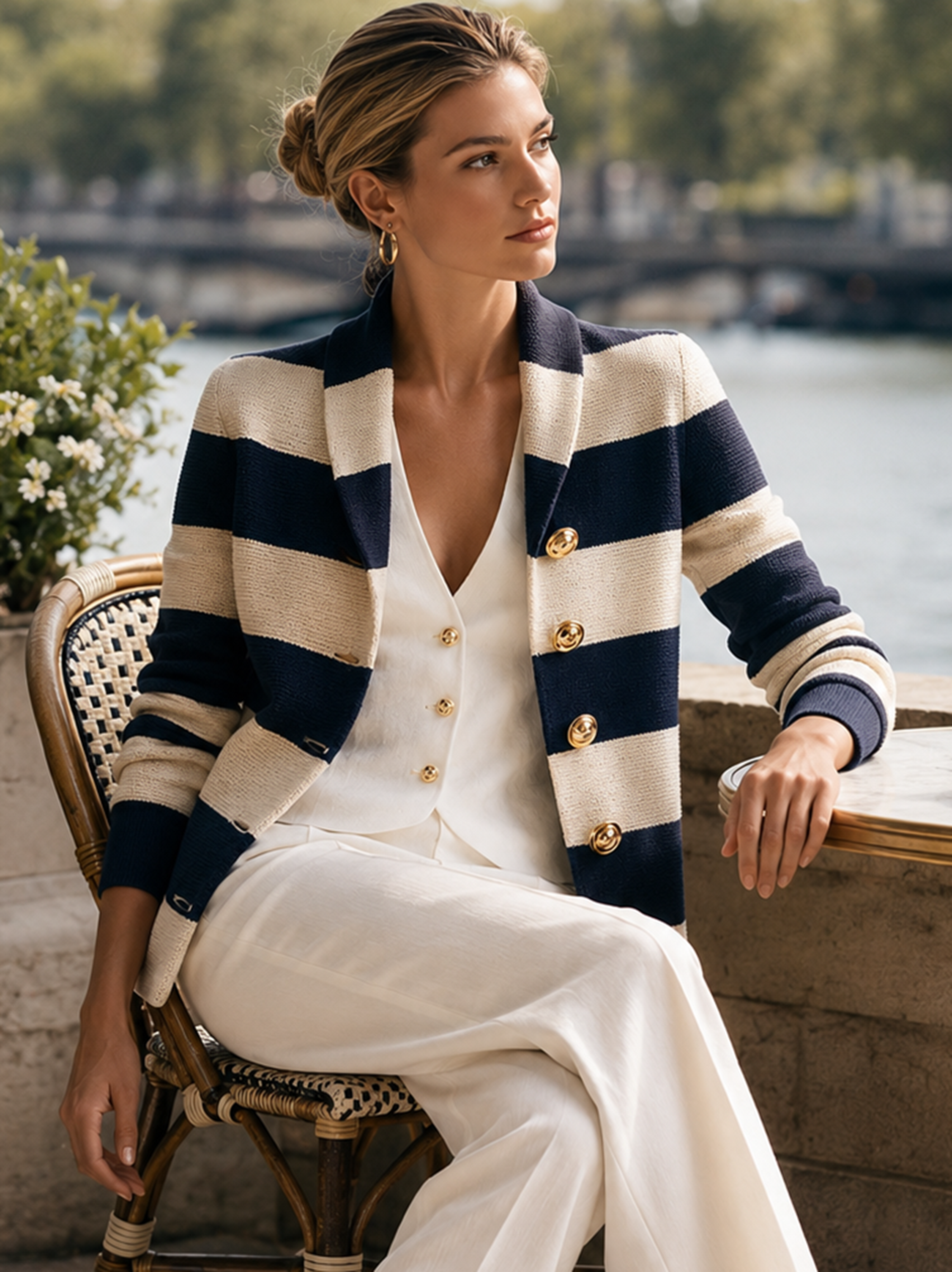 Navy‑Ivory Stripe Shawl‑Collar Gold‑Button Knit Blazer Cardigan