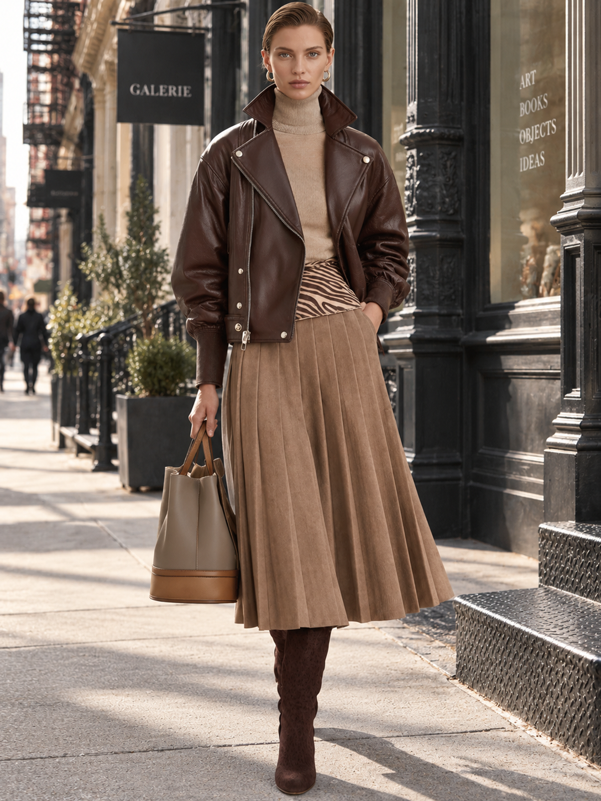 Dark Brown Lapel Zipper Cropped Moto Leather Jacket