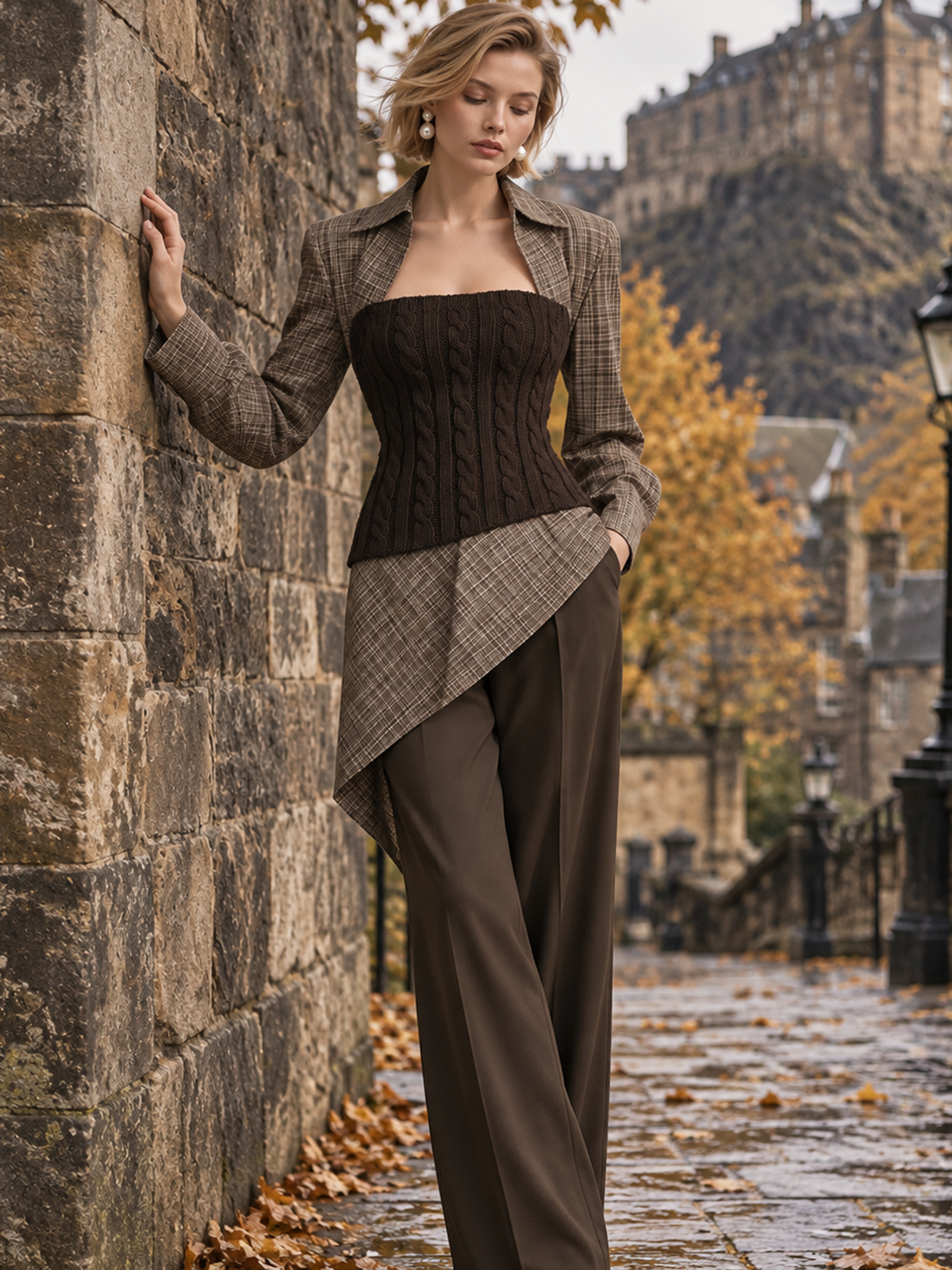 Brown Plaid Faux-Lapel Cable Knit Tube Top