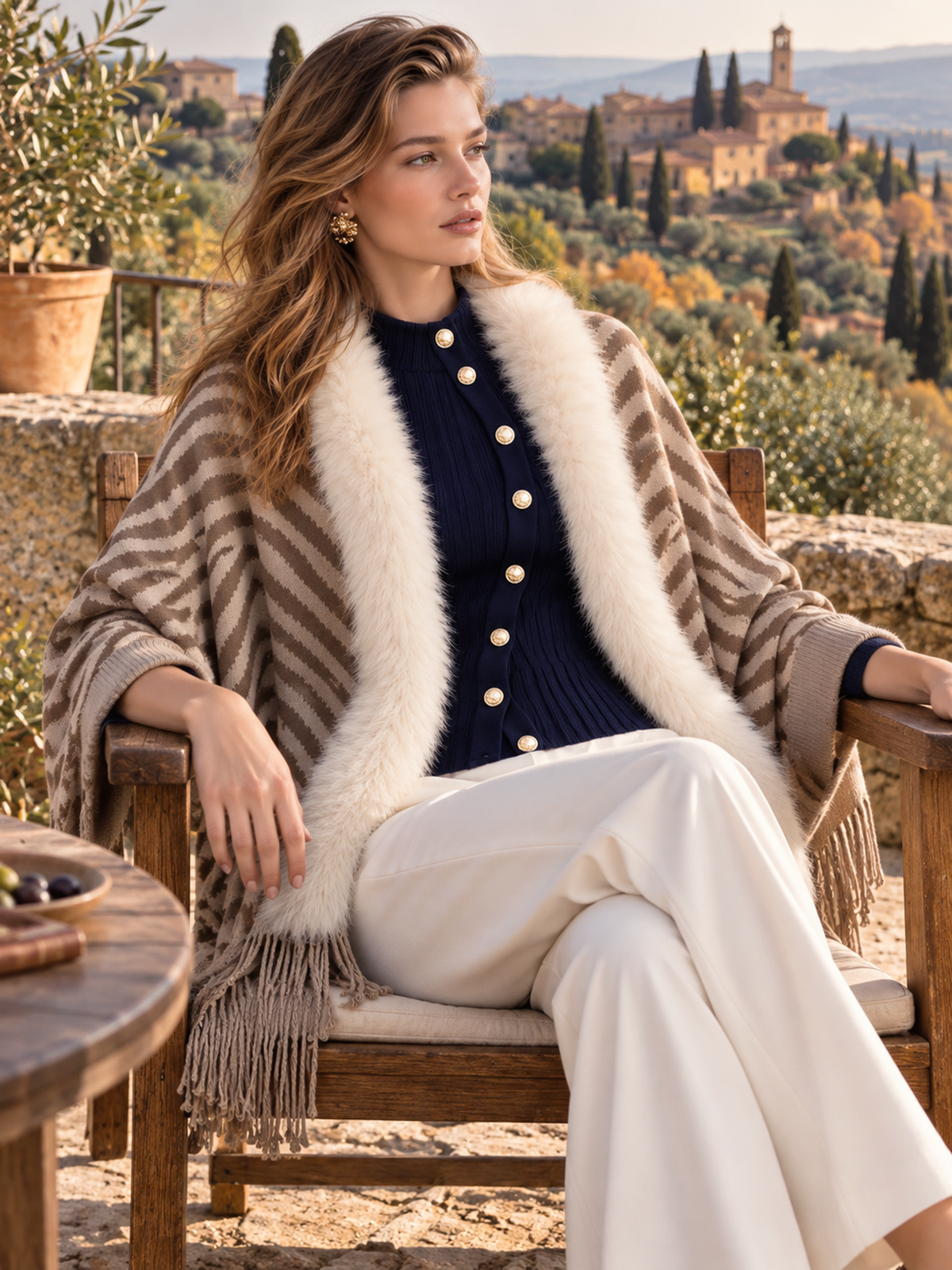 Brown Zebra Jacquard Detachable Fur Fringe Cardigan