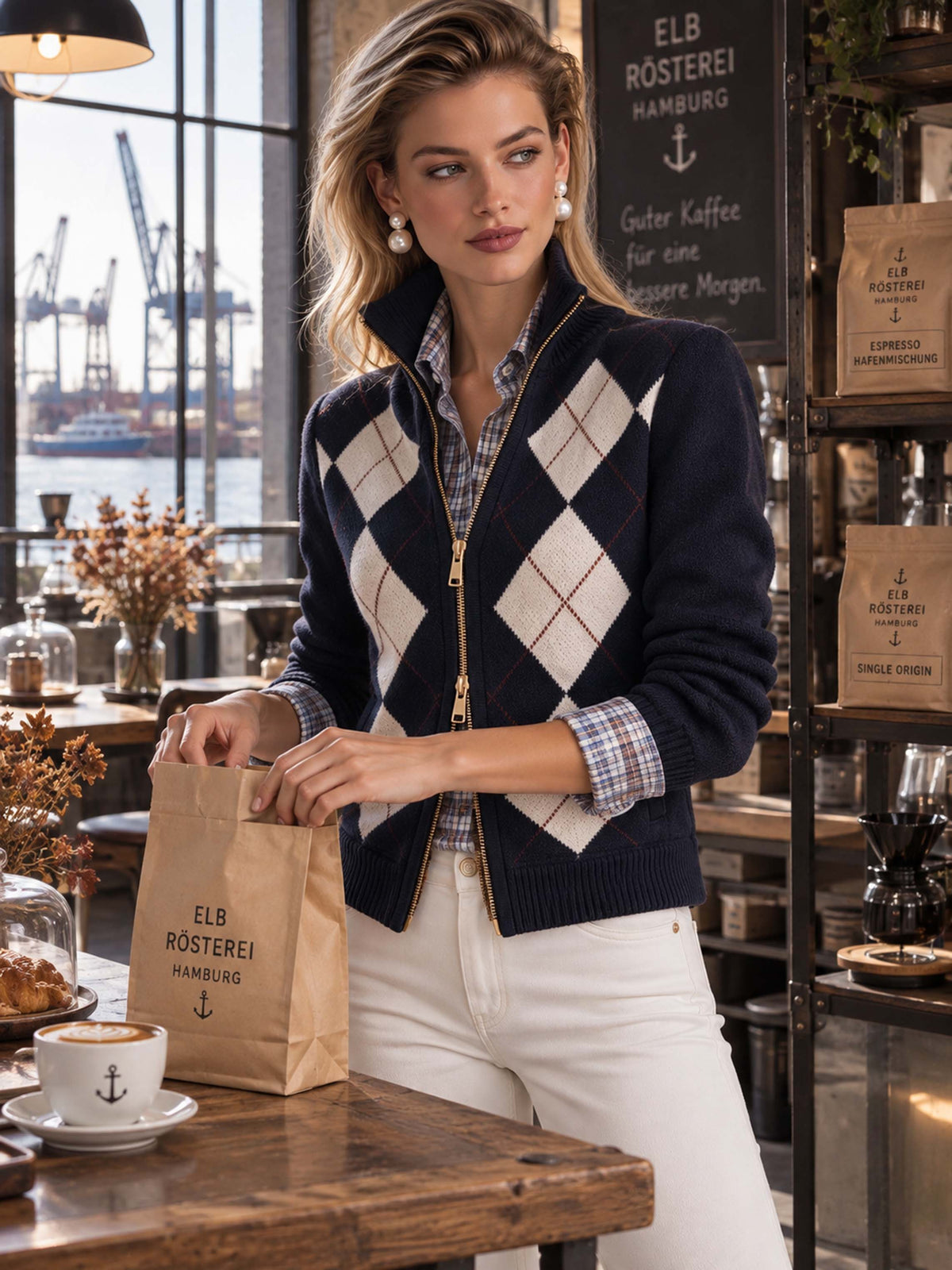 Navy Argyle Stand Collar Zip Cropped Knit Cardigan