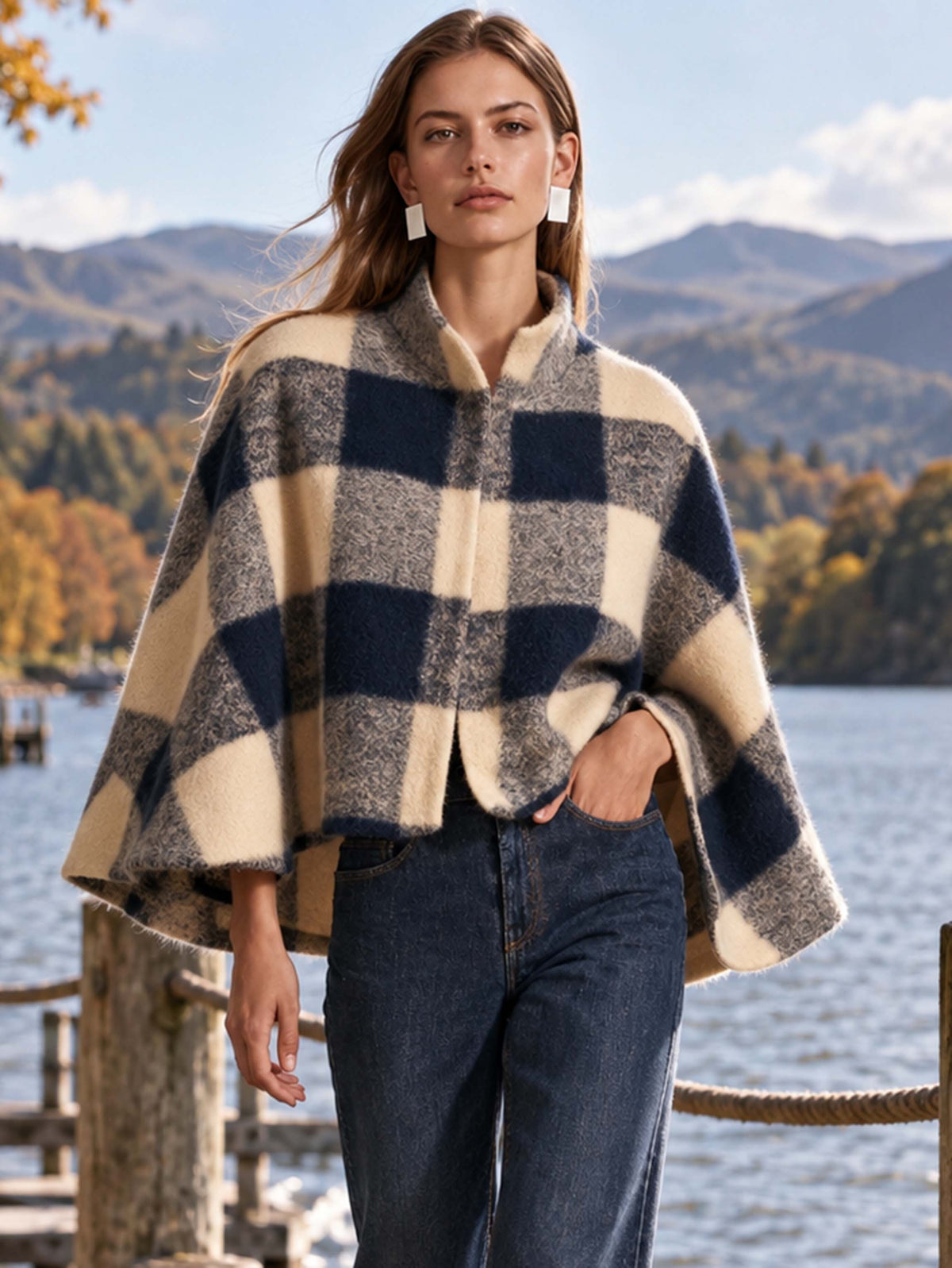 Navy & Cream Plaid Stand Collar Short Cape Coat