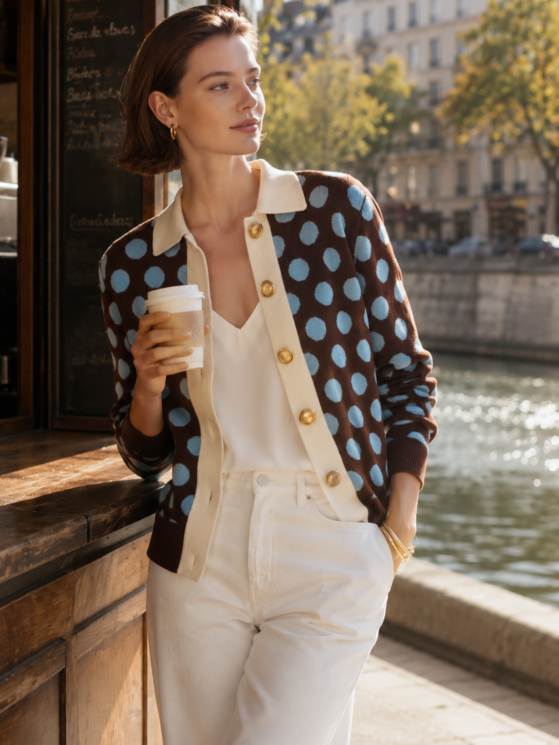 Vintage Polka‑Dot Contrast‑Collar Gold‑Button Cropped Cardigan