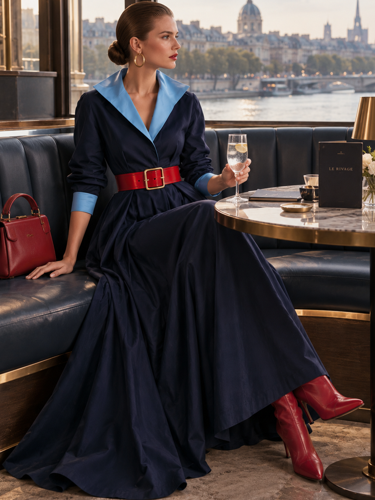 Color‑Contrast Collar Belted Full‑Skirt Maxi Shirt Dress